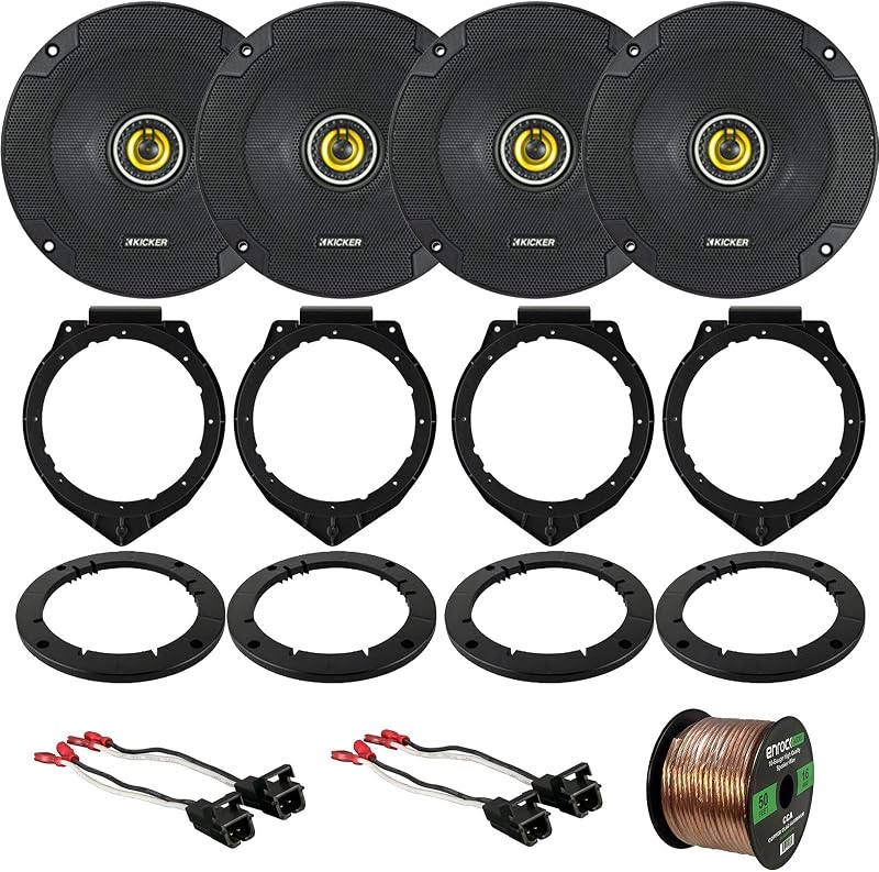 2 Pair Car Speaker Package: 4X Kicker 300-Watt 6.5" Inch 2-Way Coaxial Speakers Bundle Combo with 4X Speaker Adapters and Wire Harness Compatible with Select GM Vehicles + Enrock 50-Ft Speaker Wire