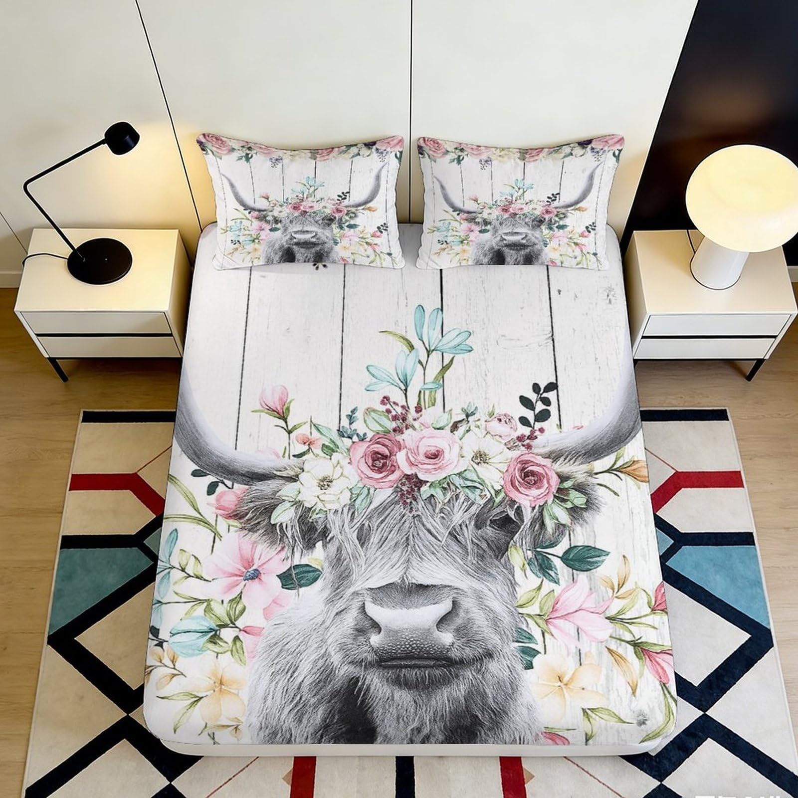 3D Printed Floral Bull Fitted Sheet Microfiber Deep Pocket Bedding Decor Bull Pattern Mattress Fitted Cover Elastic Hem Non-Slip for Adults 140x200x25cm