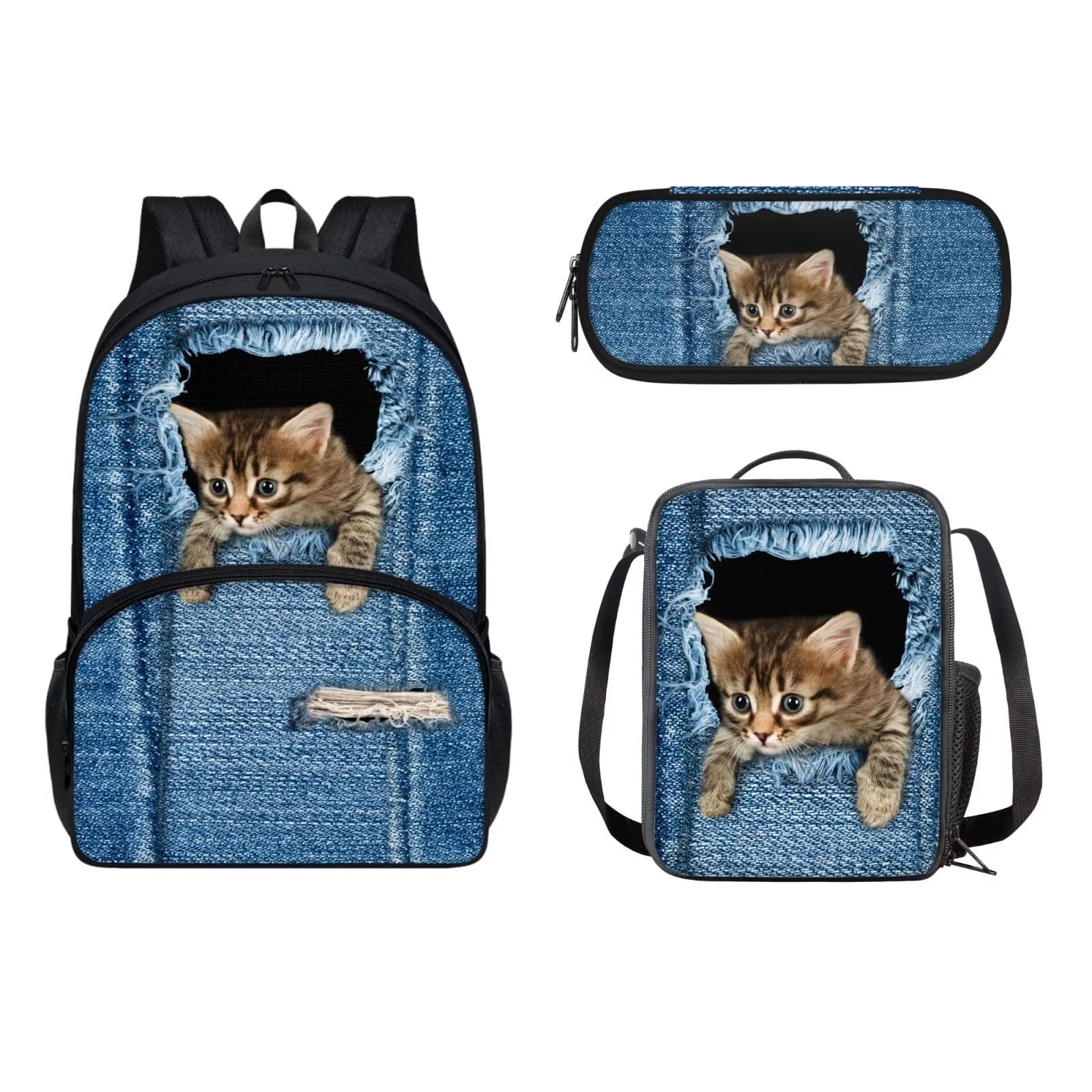 POLERO Mochila escolar de caballos para niños, juego de bolsas de almuerzo, estuche para lápices, 3 piezas, bolsas escolares, gato, Talla única, Mochila infantil