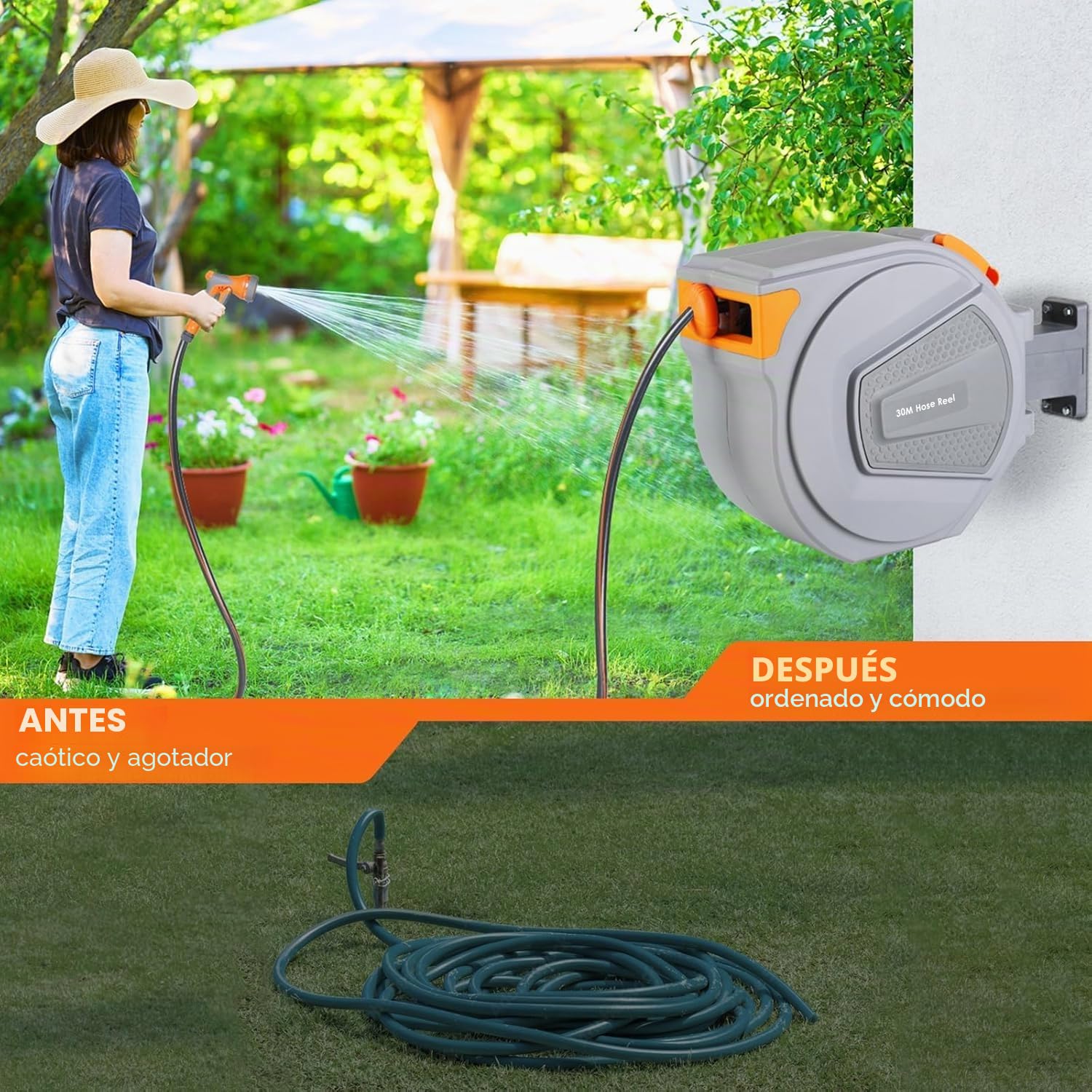 TLGREEN Carrete de Manguera de Pared, Enrollador Manguera Jardin 30+2m, Girable 180°, Manguera Extensible con 9 Modos de Pulverización, 4PCS Clavo, con Enrollador Automática, para Jardín, Garaje