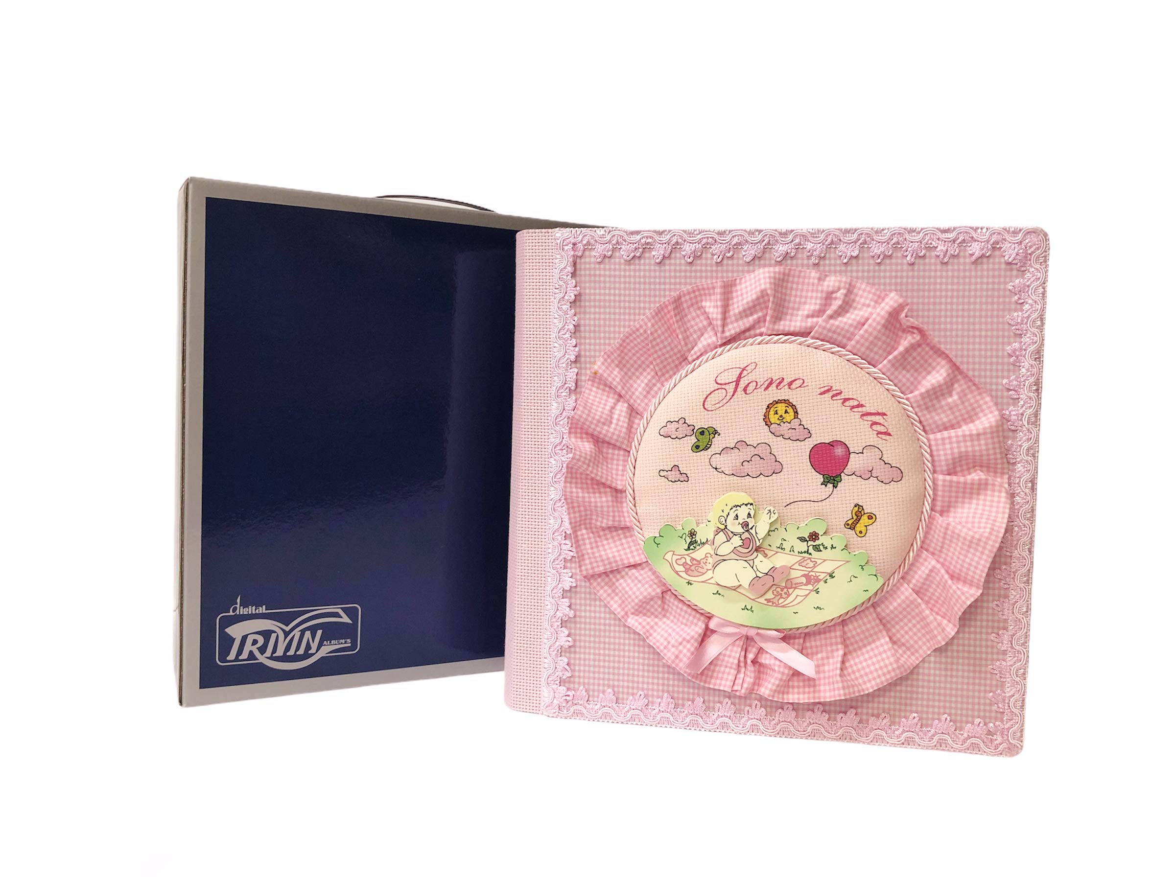 TriVin Art, Álbum de fotos artesanal fabricado en Italia (Battesimo) 30 x 30 cm, 40 páginas marfil con papel protector para bautizo (rosa/Baby)