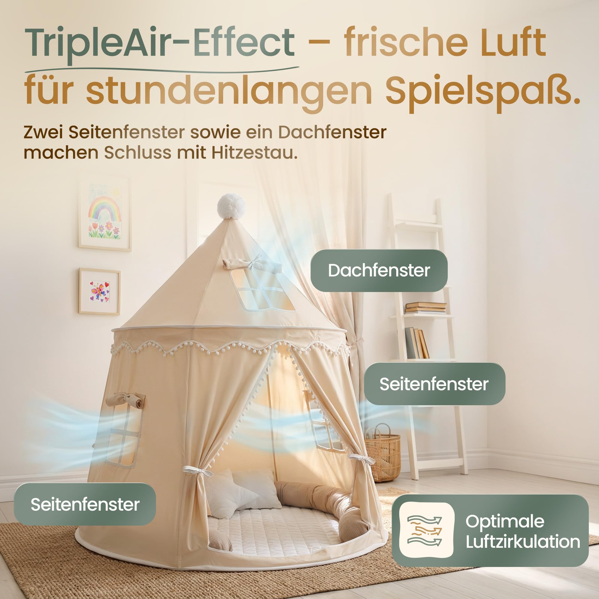 Spielzelt Kinder aus weichem Silky-Cotton in Warmbeige 110x110x130cm | Kinderzelt Indoor mit TripleAir-Effect, gemütlicher Bodenmatte & Tragetasche | stabile Kuschelhöhle fürs Kinderzimmer
