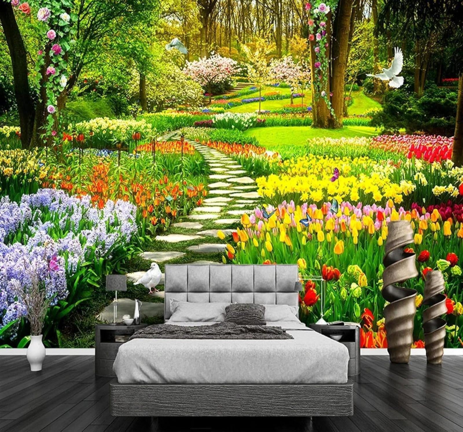 XLMING Papier Peint 3D Esthétique Jardin Allée Papillons Paysage