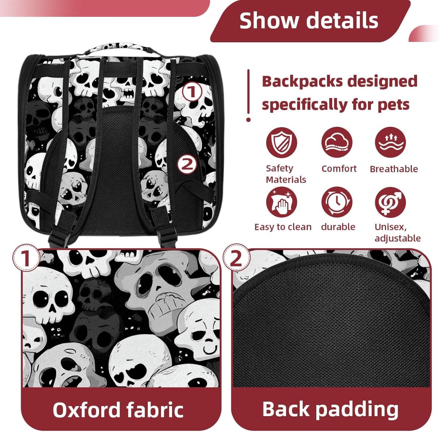 Cat Backpack Carrier for Small Dogs Cats, Soft-Sided Pet Carrier Backpack with Ventilated Mesh Windows and Safety Leash, Funny Skull Faces Seamless Halloween Pattern