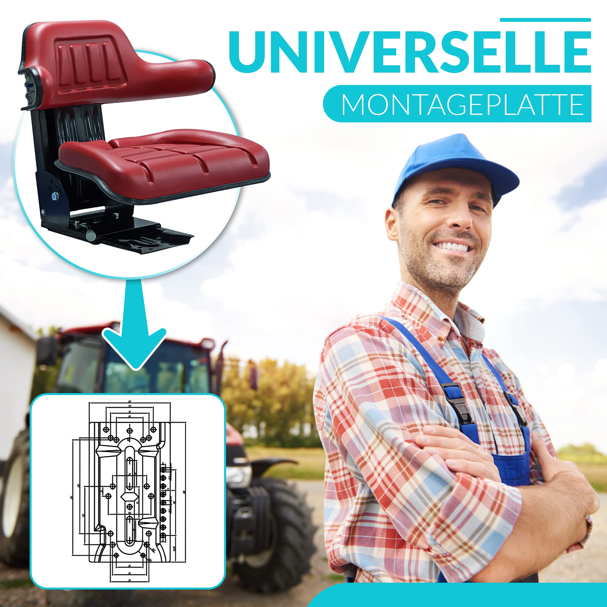 Schleppersitz Traktorsitz Universalsitz KS 44/2V PVC Rot gefedert neigungsverstellbar mit Stossdämpfer
