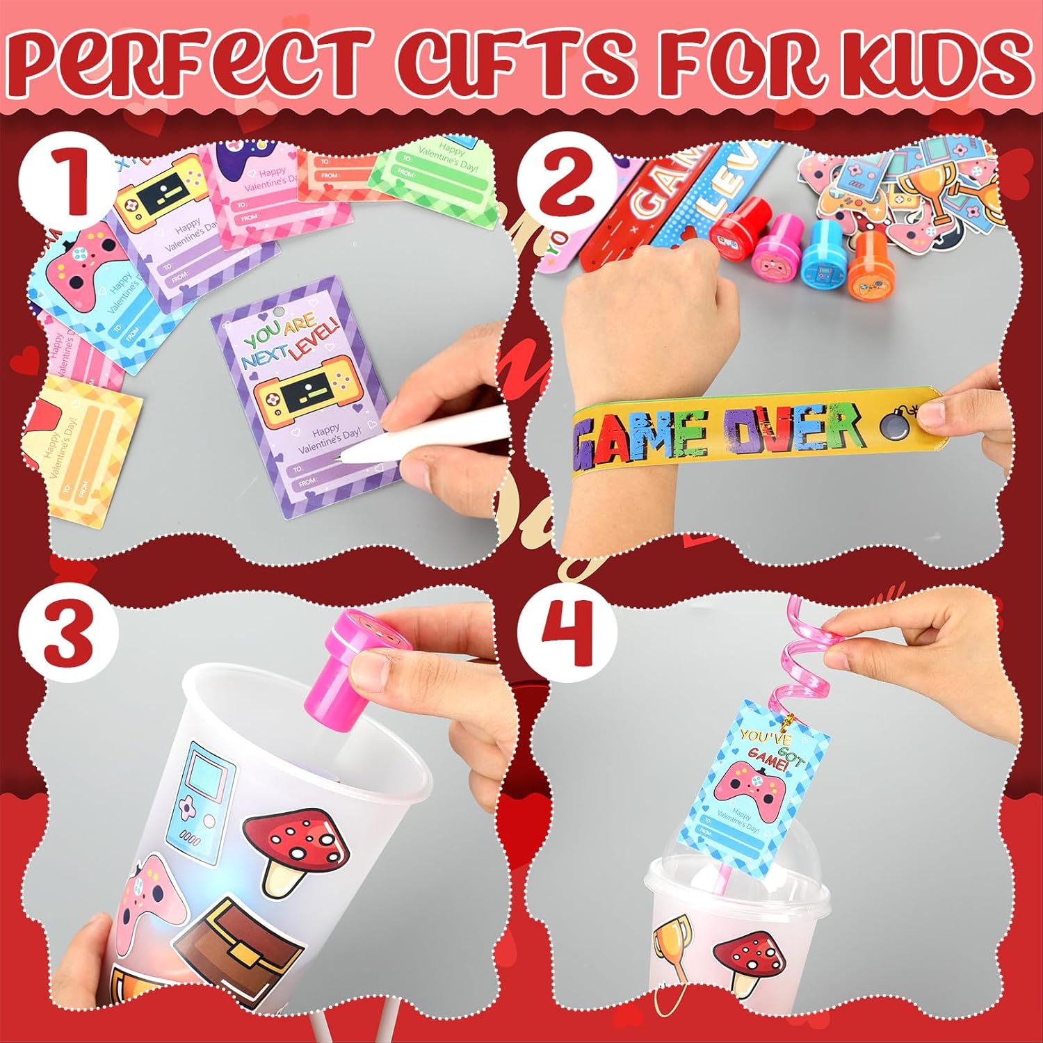 Jenaai 268 Pcs Valentines Day Gifts for Kids Classroom Fun Video Game Valentines Day Cards 24 Pack Game Party Favors with Reusable Drinking Straws Cups Slap Bracelets Keychains Gift for School Prize