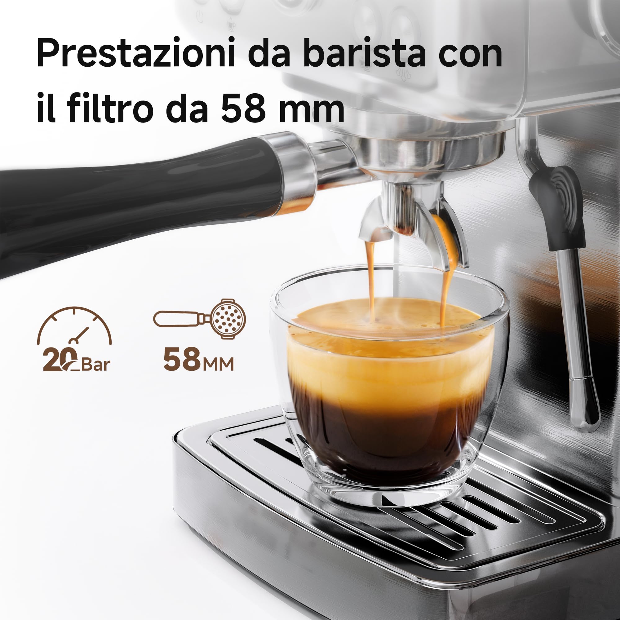 HIBREW Macchina Caffè Espresso Programmabile, Macchinetta Caffè Polvere in Acciaio Inossidabile da 19 Bar con Lancia Vapore, Serbatoio d'Acqua Rimovibile da 1,8L, Regolazione Multifunzionale