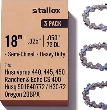 tallox 18Inch Chainsaw Chains 3-Pack .325" .050" Gauge, 72 Drive Links Semi Chisel Chains fits Husqvarna 440 445 450 Rancher 435, Echo CS-400 CS-490 CS-501P 591094872, H22-72, Oregon 20LPX072G H72