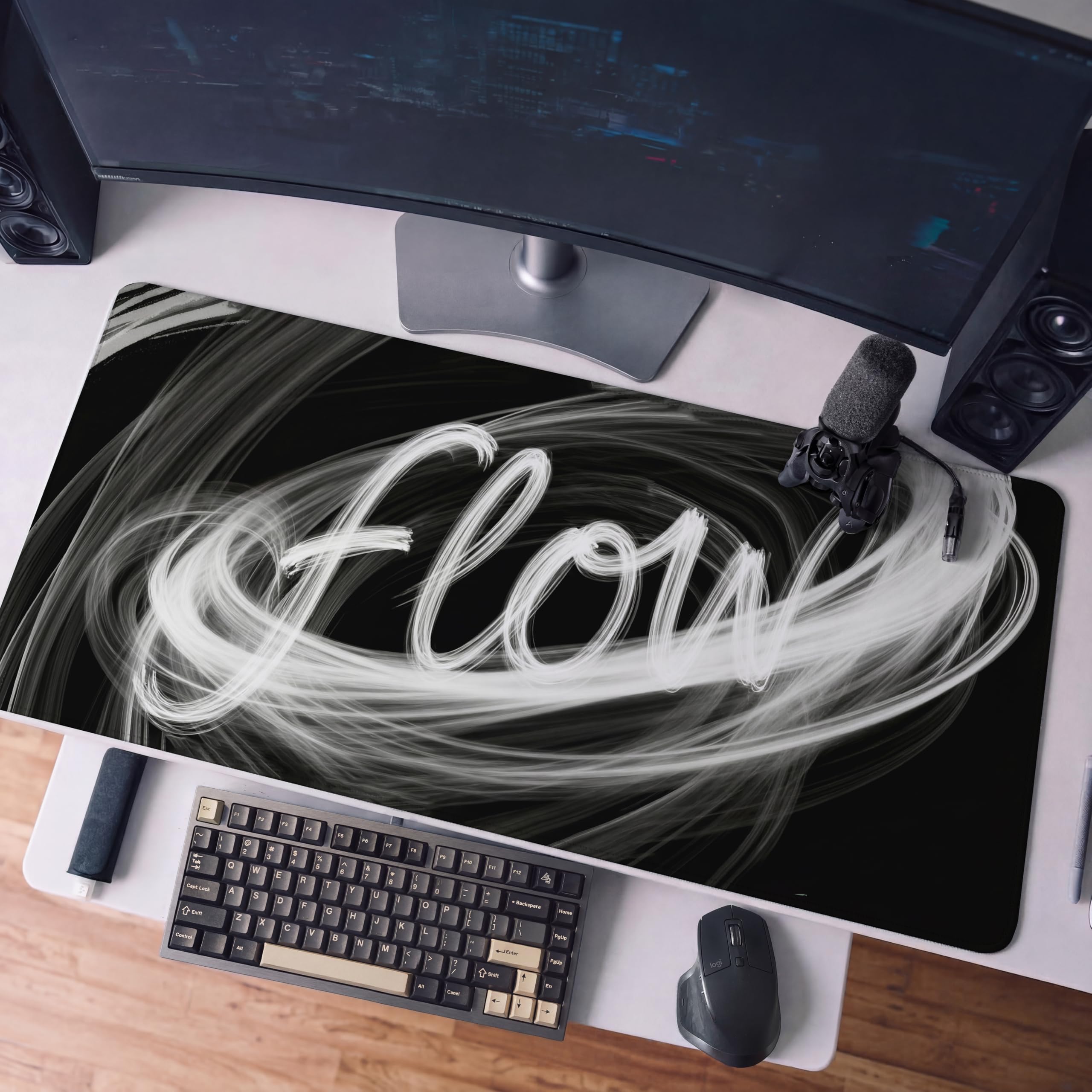 SoulAbiti Flow Gaming Mouse Pad, 36 x 16 Inch XXXL Extended Desk Mat for Keyboard & Mouse, Black White Productivity Deskpad, Non-Slip Rubber Base, Stitched Edges