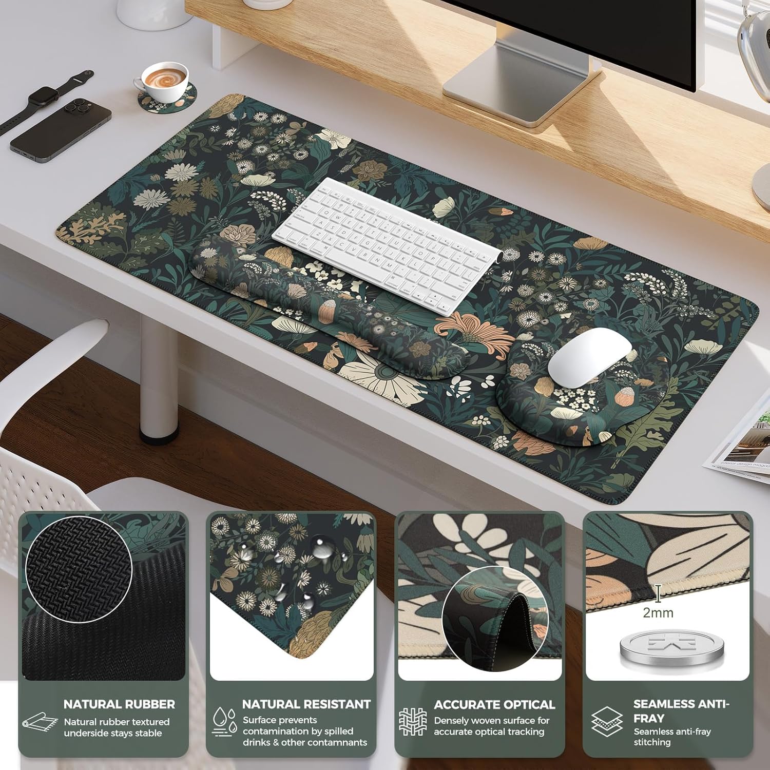 iCasso Desk Cover Mat, 4in1 Floral Large Mouse Pad with Wrist Rest, Desk Matt for Desktop, Anti-Slip XXL Big Computer Ergonomic Mousepad with Wrist Support for Keyboard and Mouse (Weeds) - Image 4