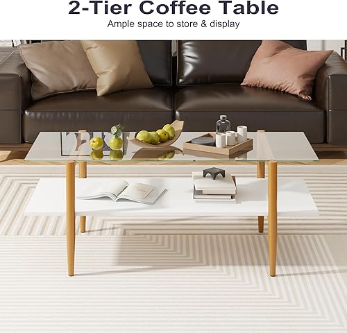 Miniatura 3 de Mesa de centro de cristal, mesa central rectangular para sala de estar con patas doradas, mesas decorativas modernas de mediados de siglo con
