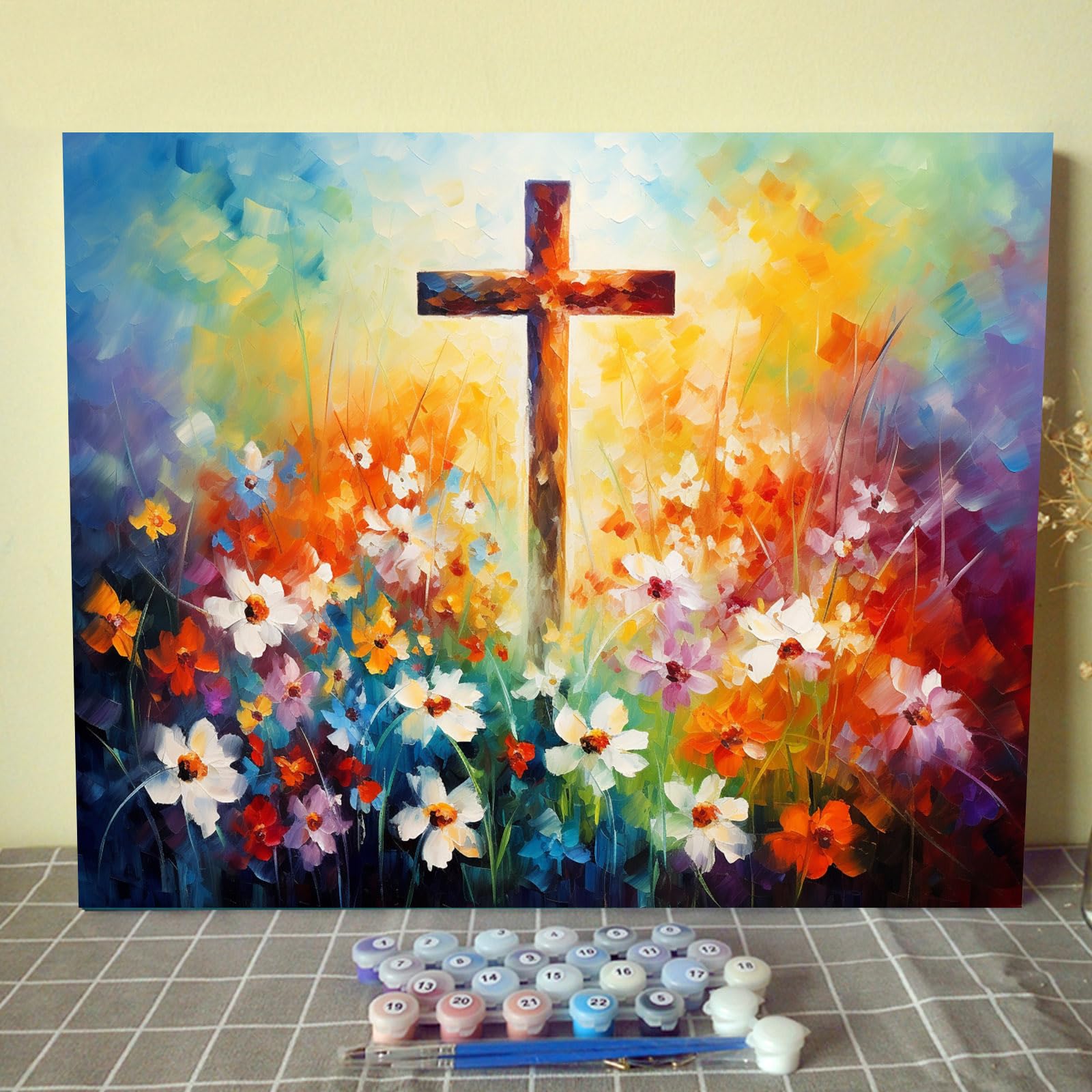 Tucocoo Religious Cross Paint by Number for Adults Beginner, DIY Oil Painting Kits on Canvas with Brushes and Acrylic Pigment, Wild Flowers Sunshine Pictures for Home Decor 16x20 inch (Frameless)