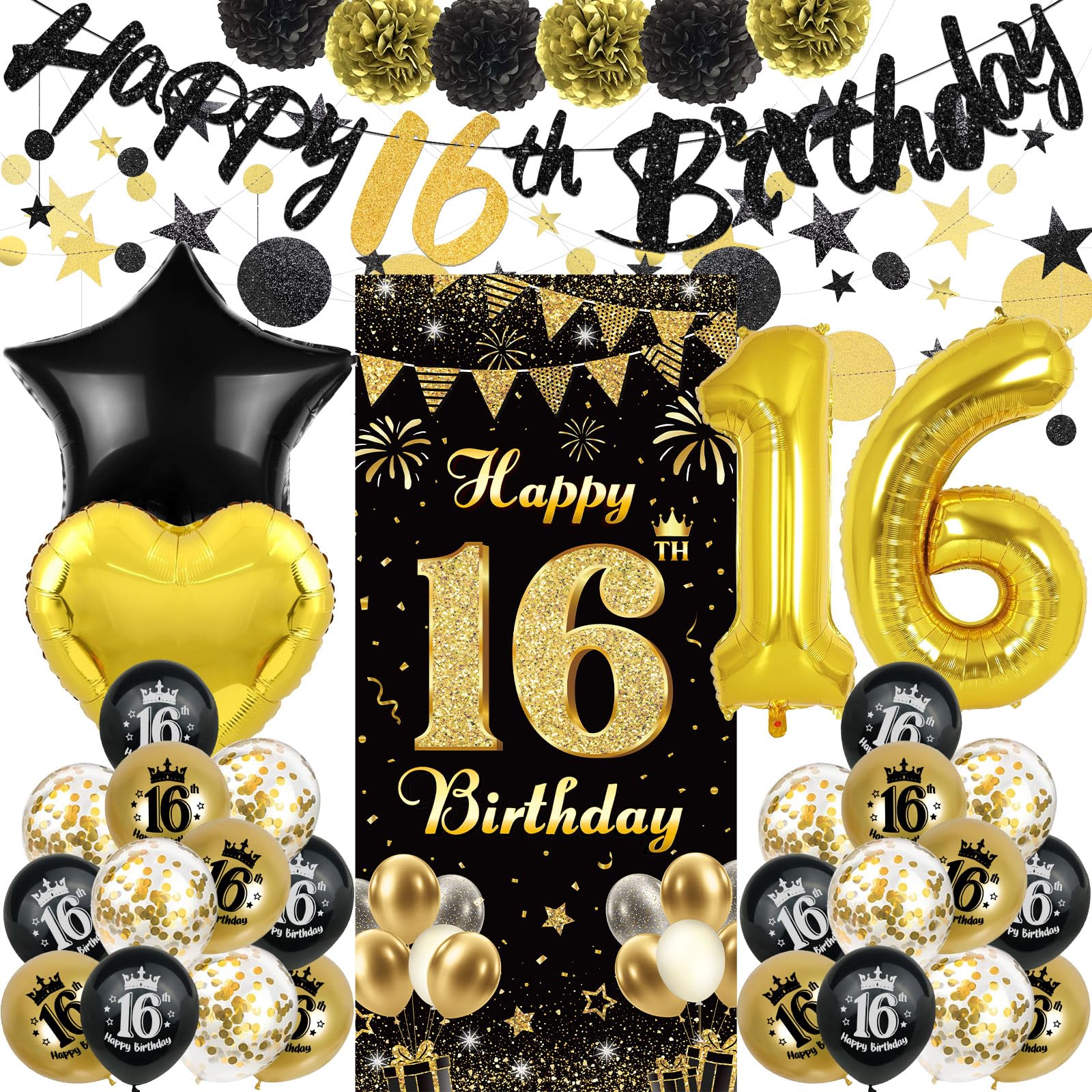 TSVATE 16th Birthday Decorations for Boys, Black & Gold, Happy 16th Birthday Banner, Number 16 Balloons, Pompoms, Star Metallic Garland