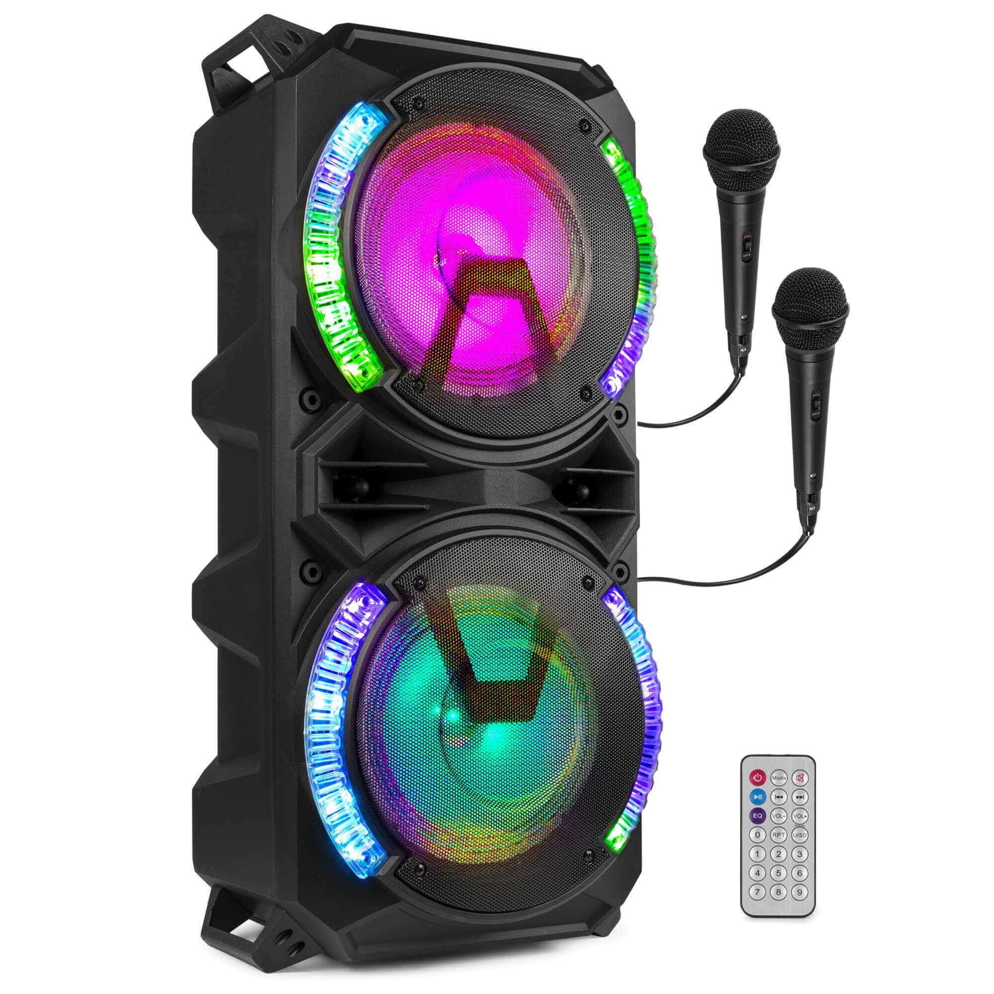 Fenton LIVE280 – Bluetooth Speaker with Microphone 900 W with Dual Woofer 8 Inches, Battery, USB, MicroSD, Bluetooth 5.0, LED, 2 Karaoke Microphones, Party Speaker Portable Professional Sound Equipment Black