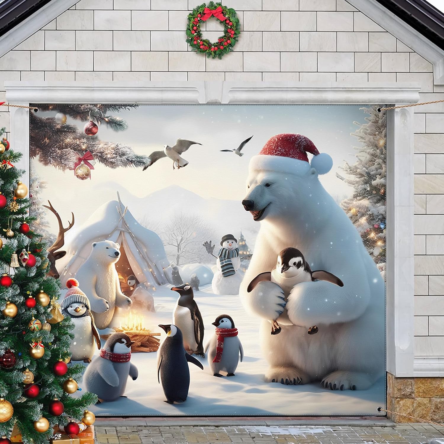 Preboun Christmas Garage Door Banner - 7 x 8 ft Christmas Decoration for Indoor/Outdoor Use - Bear Santa Theme, Lovely Color