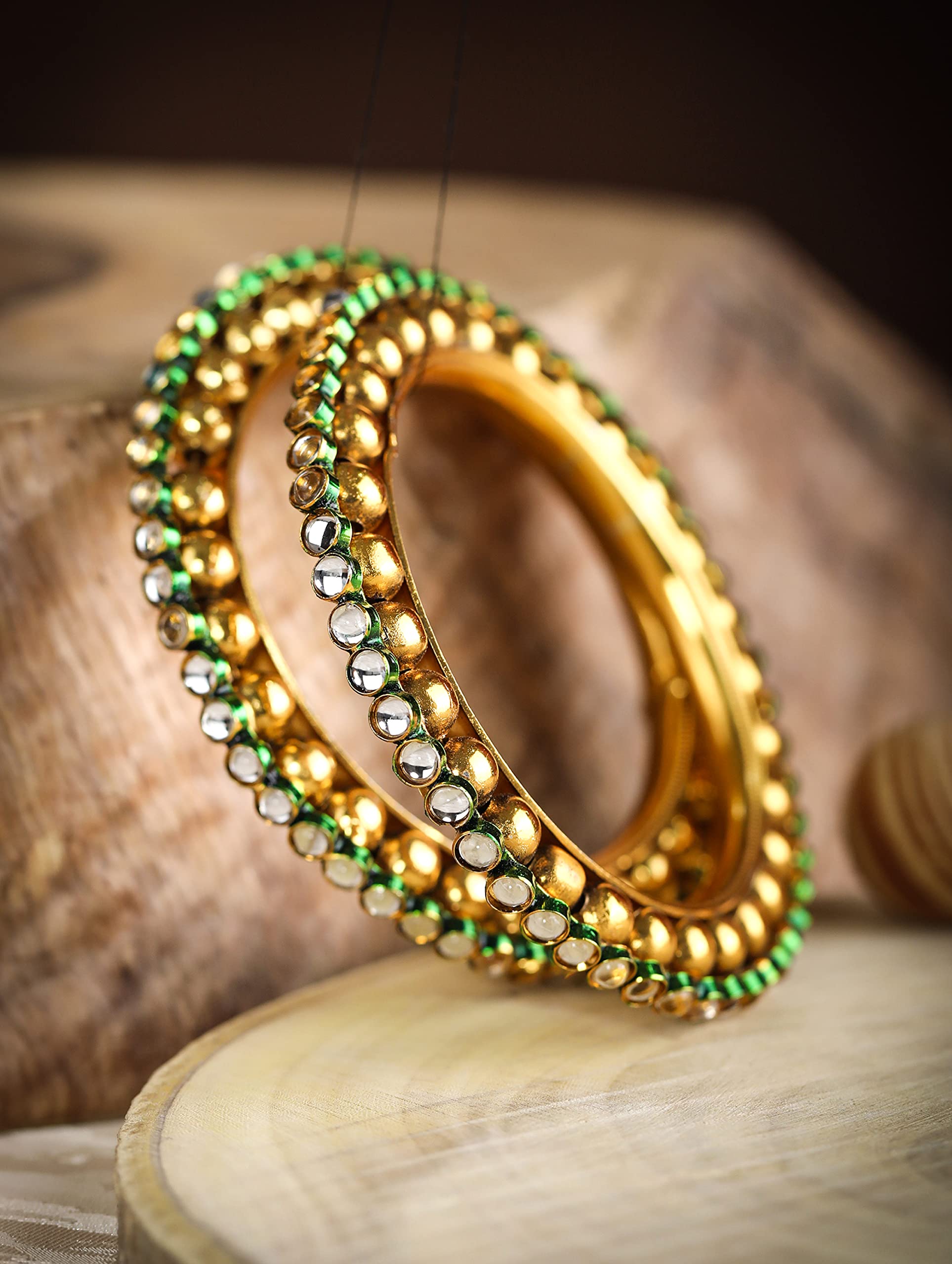 Green Kundan Plated Set of 2 Bangle Set, Traditional Gift