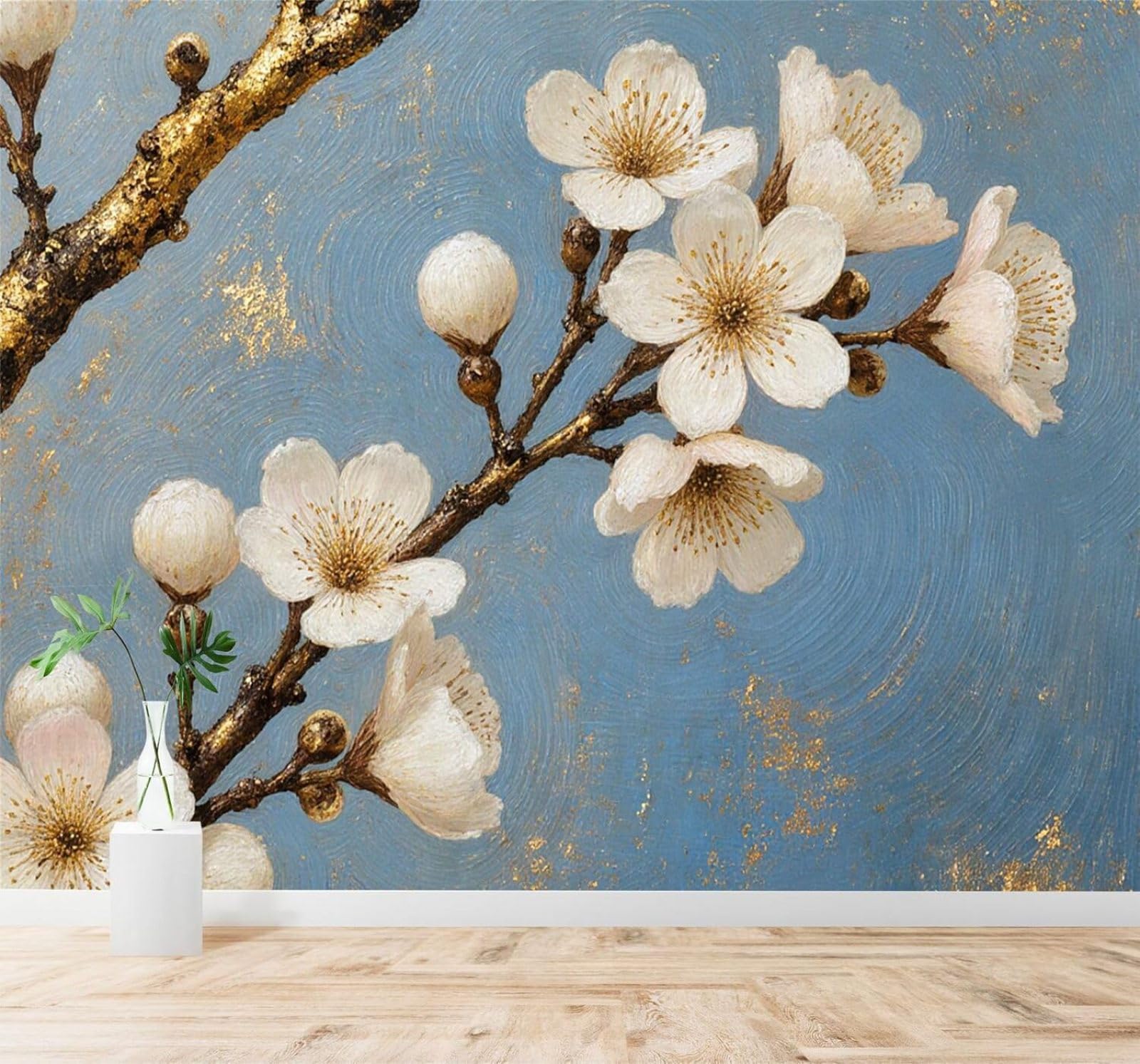 XLMING Minimalist White Cherry Blossom Branches Abstract Blue and Gold 3D Wallpaper Silky Texture Home Study Office Grey Dining Room Sofa Bedroom Living Room TV Backdrop-150cm×105cm