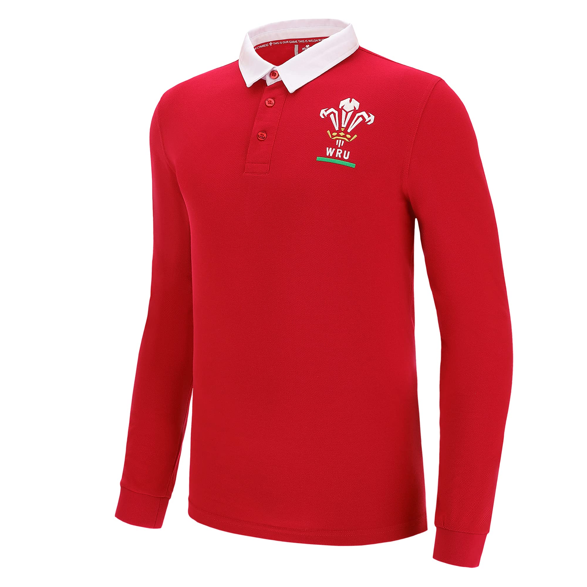 Macron WRU Merch Ca Groc-Maglia da Rugby in Policotone, Colore: Rosso/Wht LS SR T-Shirt Unisex-Adulto