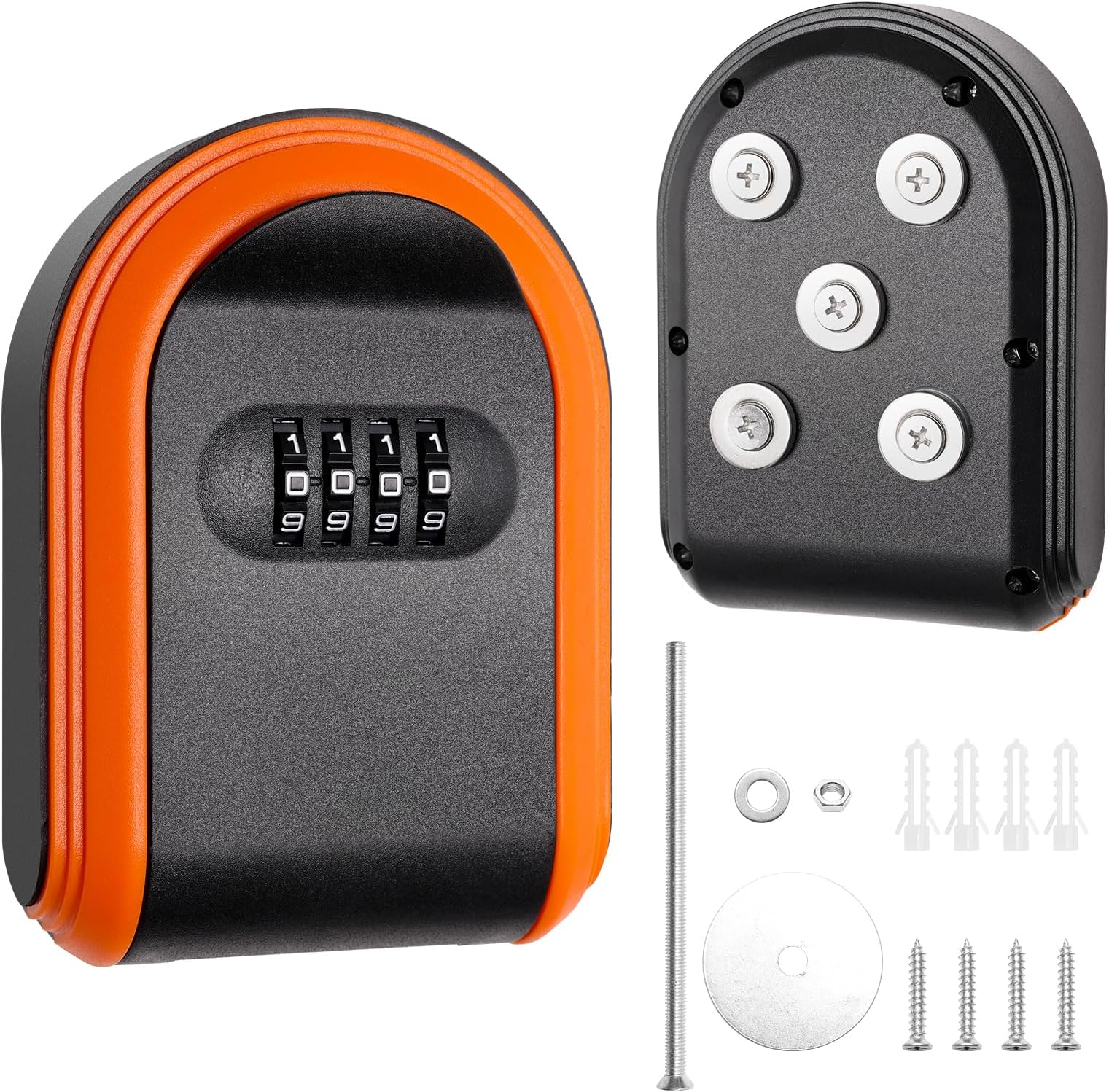 Magnetic Key Holder with Lock Box - Hidden Under Car Mount, 4-Digit Combination Lock with Resettable Code for Indoor, Outdoor Storage (Orange+Black)