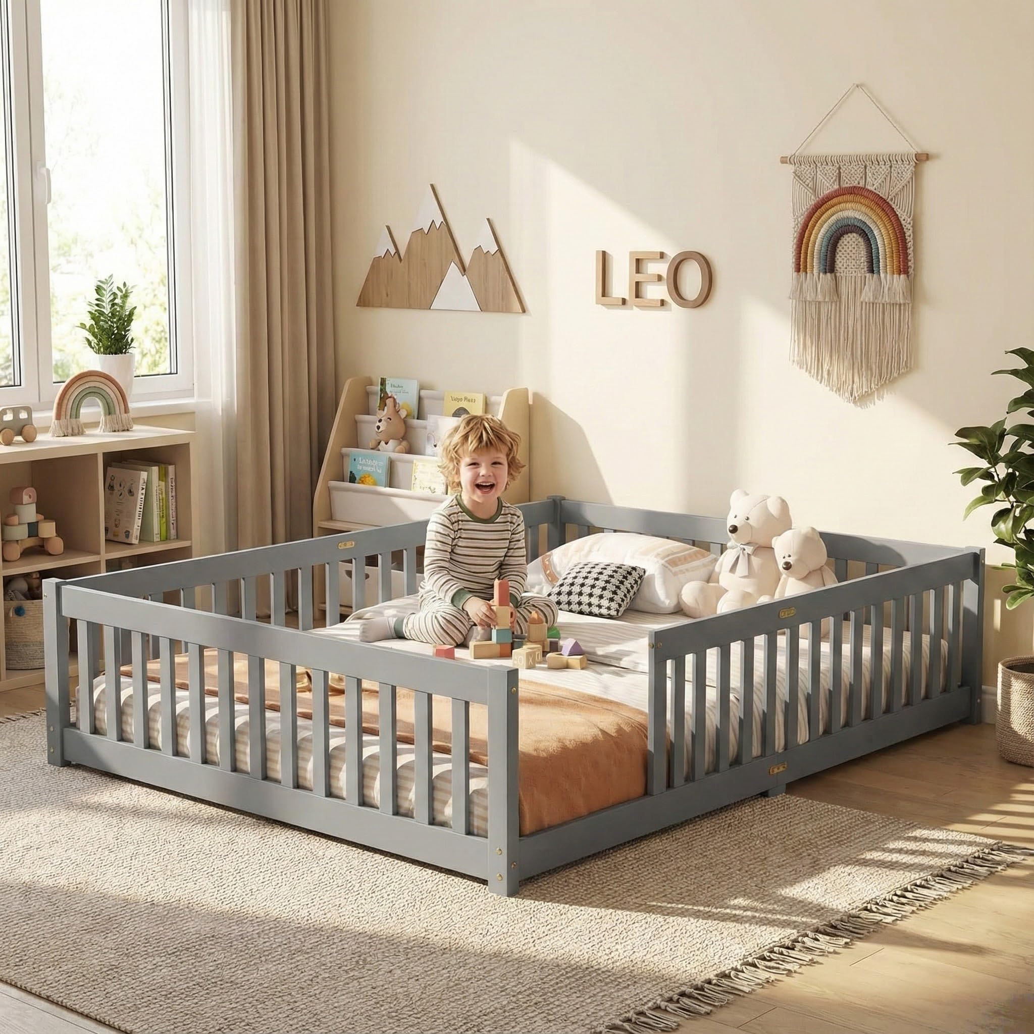 Queen Floor Bed with Safety Guardrails for Kids, Rubber Wood Montessori Bed with Slats and Convertible Door,Queen Size Bed Frame for Girls and Boys,No Box Spring Needed,Grey
