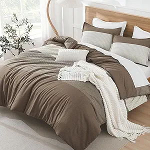 Litanika Comforter Set Full Size Coffee - 3 Pieces Lightweight Colorblock Stripe Fluffy Bedding Comforter Sets, All Season Bed Set