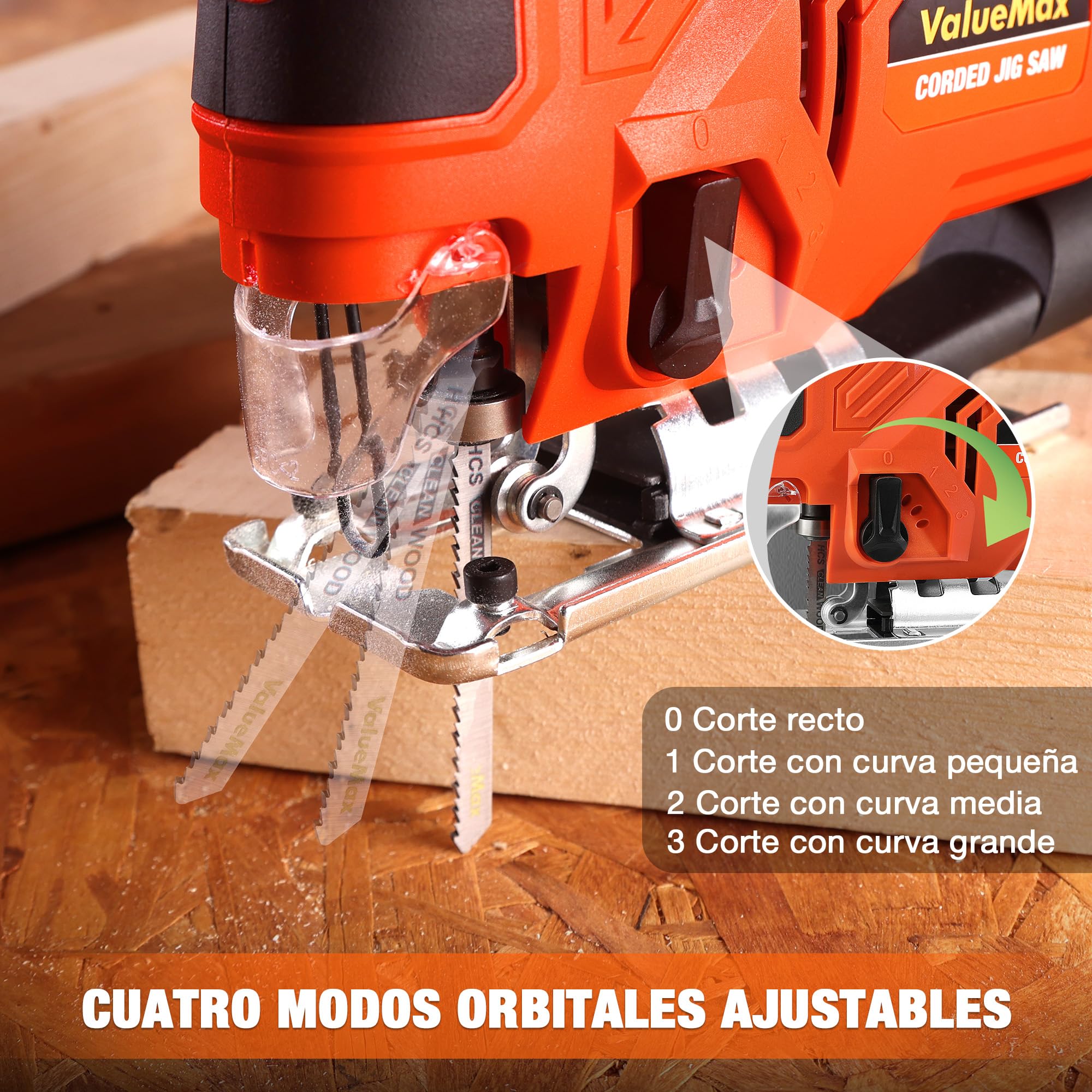 ValueMax Sierra Calar 850W, 6 Velocidades y 4 Modos Corte | Ángulo Ajustable ±45° con Soplado de Polvo, Luz LED y 6 Hojas Incluidas para Madera, Metal y Plástico