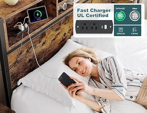 Miniatura 5 de EnHomee Base de cama Queen con 6 cajones de almacenamiento, marco de cama tamaño Queen con cabecera y estación de carga, sin ruido, no necesita