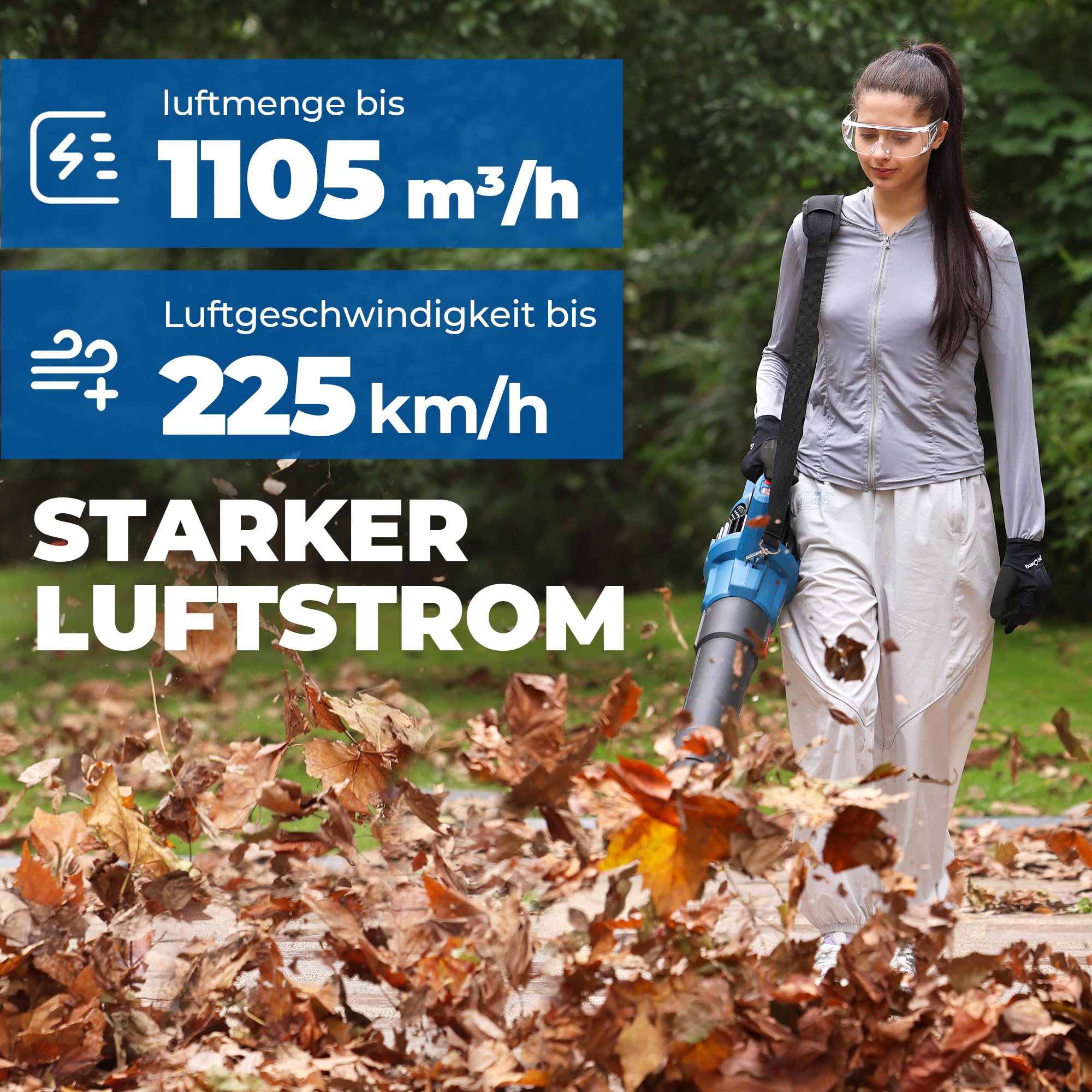 Dong Cheng Akku-Laubbläser 2x20V, 225km/h Luftgeschwindigkeit, 1105 m³/h Luftmenge, 6 Gänge mit Turbo-Modus, inkl. 3 Düsen, für Massenlaub, Gärten, Straßen, Baustellen, Schnee