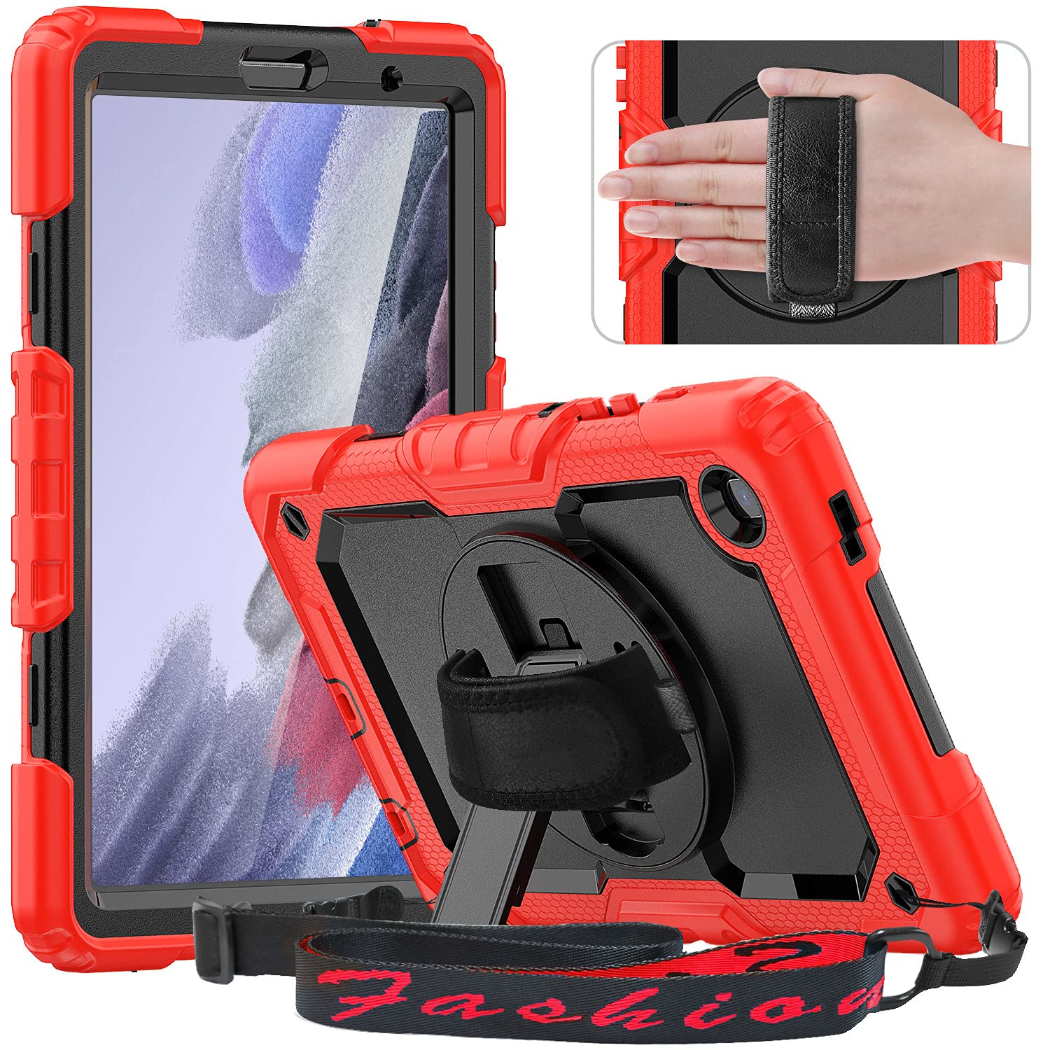 timecityCase Compatible with Samsung Galaxy Tab A7 Lite 8.7" 2021 Released Model -T220/T225/T227, with Built-in Screen Protector & Swivel Kickstand Hand & Shoulder Strap Protective Kids Case-Red