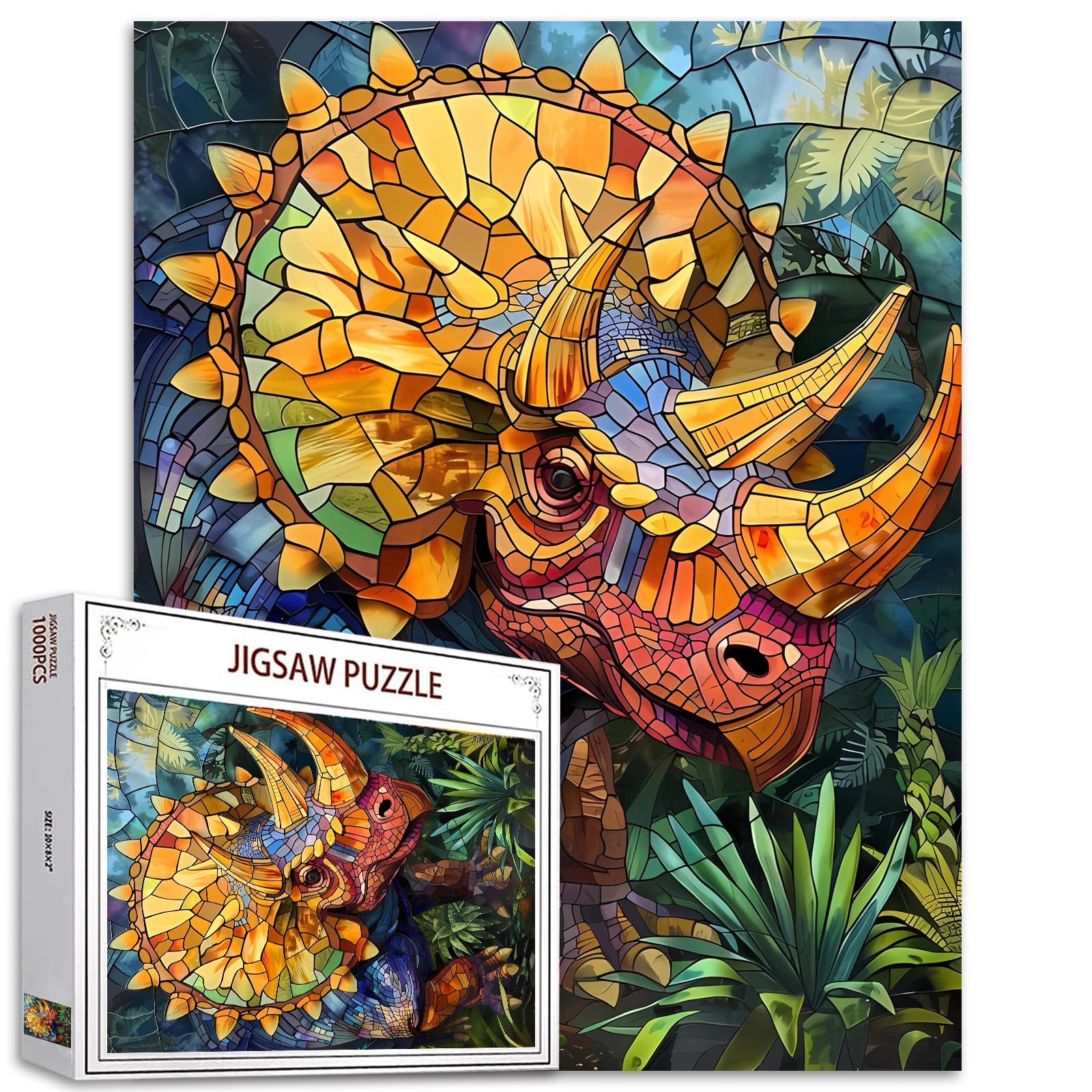 1000 Piece Jigsaw Puzzles for Adults, Stained Glass Dinosaur Jigsaw Puzzles，Colorful Stained Glass Triceratops Puzzle，Challenging Family Activity Perfect for Game Nights，Puzzle as Wall Art Decor — image 1