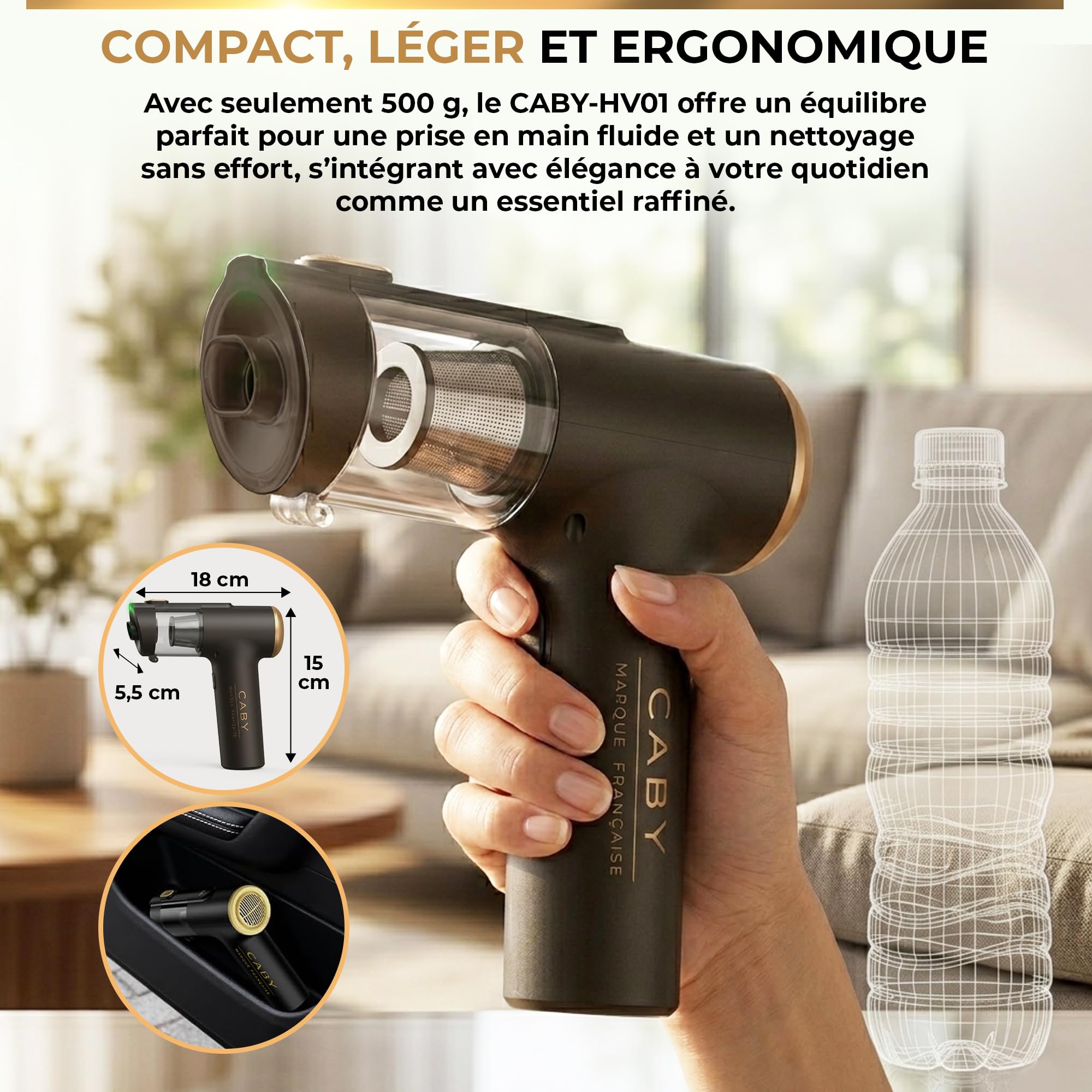 CABY Mini Aspirateur sans Fil Puissant 3 en 1 Mini Souffleur sans Fil et Gonfleur - Aspirateur Voiture avec Détecteur de Poussières 28000PA - Accessoire Voiture/Maison et Cuisine