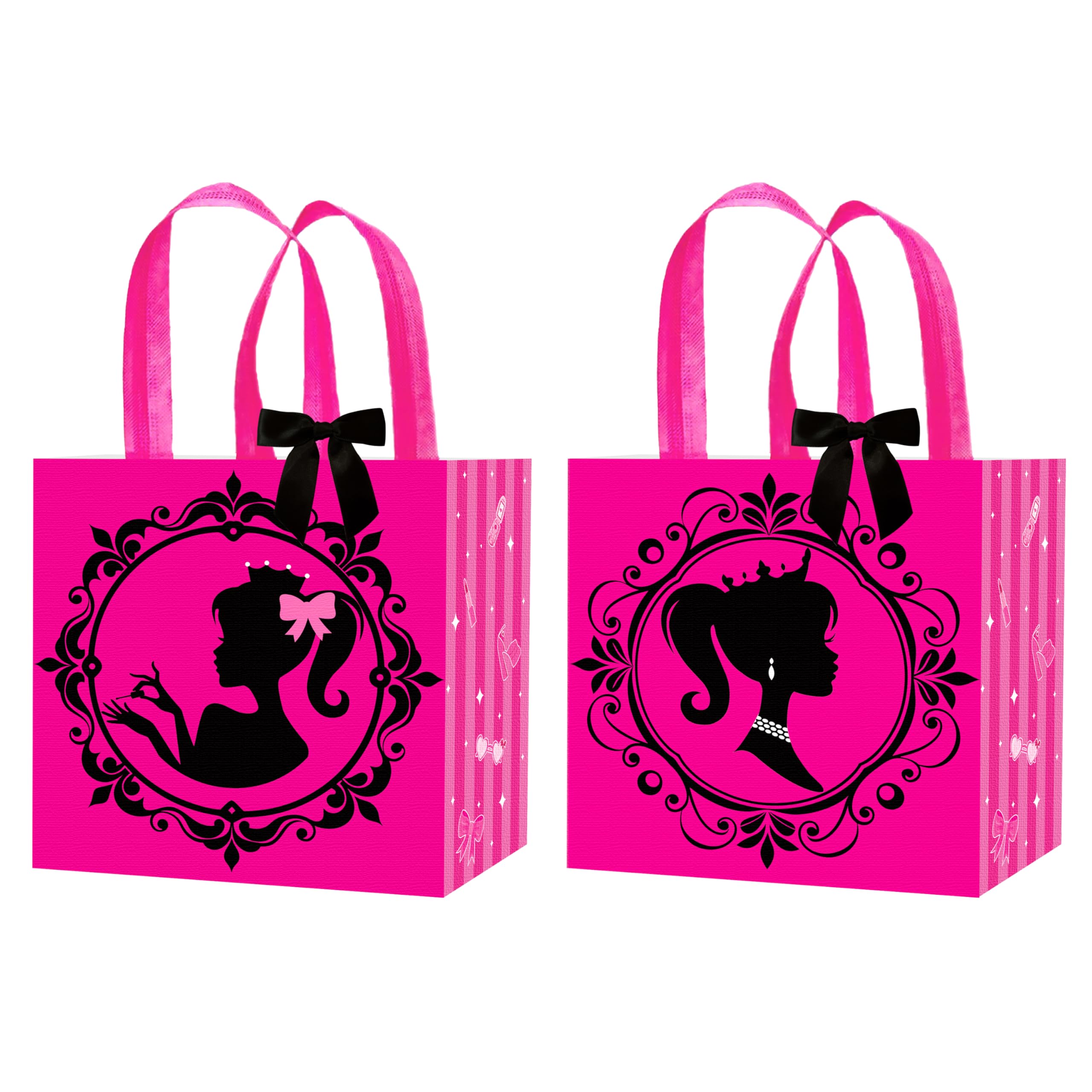C L cooper life 12pcs Hot Pink Girl Party Gift Treat Bags with Handles Pink Girl Grocery Shopping Bag Princess Theme Non-Woven Bags for Girls Birthday