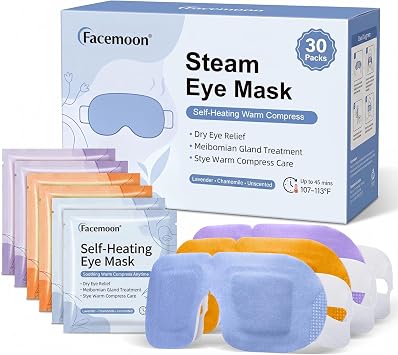 Facemoon 30 Pack Self-Heating Steam Eye Masks for Dry Eyes, Moist Heat Warm Compress for Stye-Prone Eyelids and Clogged Oil Glands, Disposable Heated Eye Compress, No Microwave Needed