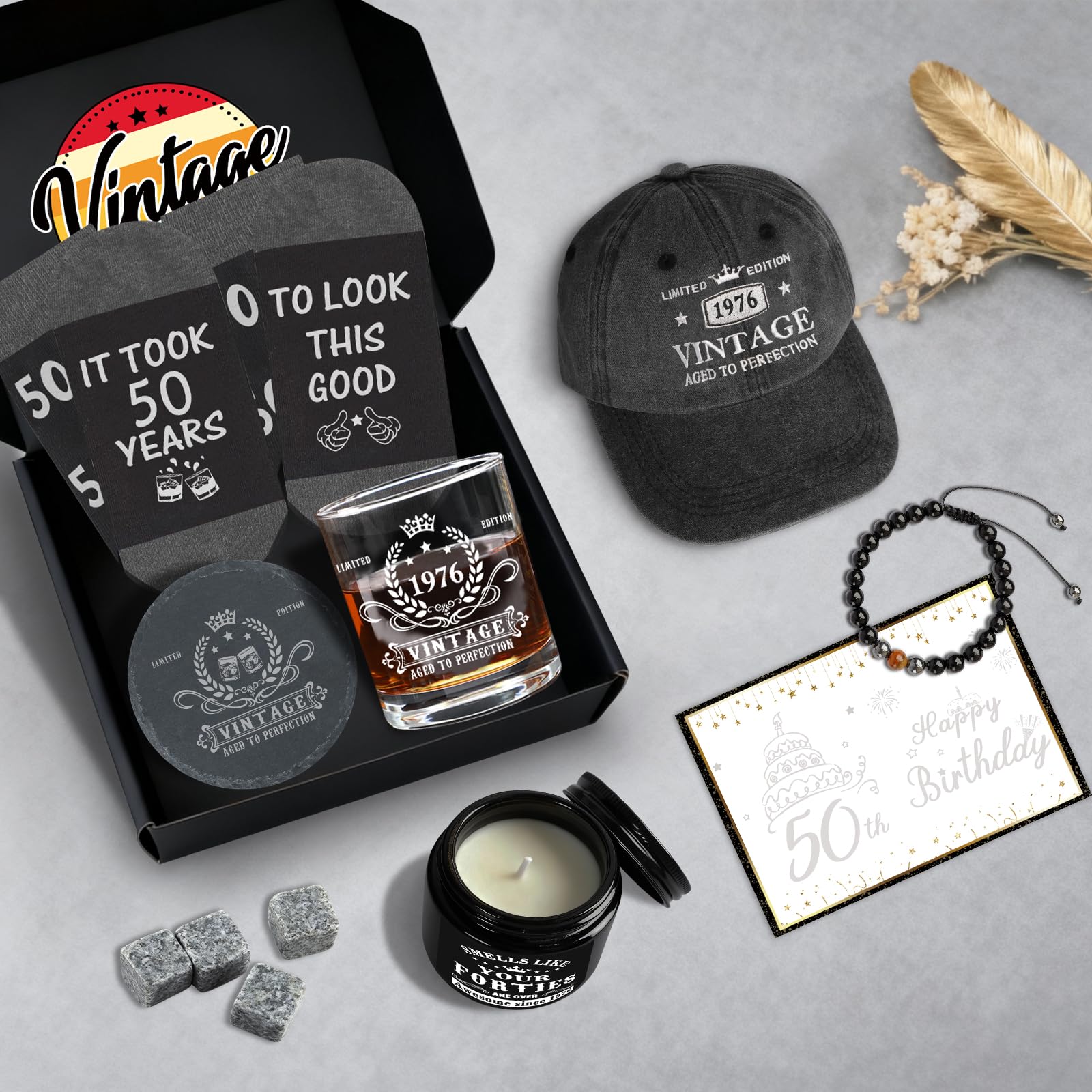 Regalos de 50 cumpleaños para él, decoraciones de feliz cumpleaños 50 para hombres, regalos de 50 años para hombre que lo tiene todo, cestas de regalo de 50 cumpleaños de 1976 para hombres, gorra de