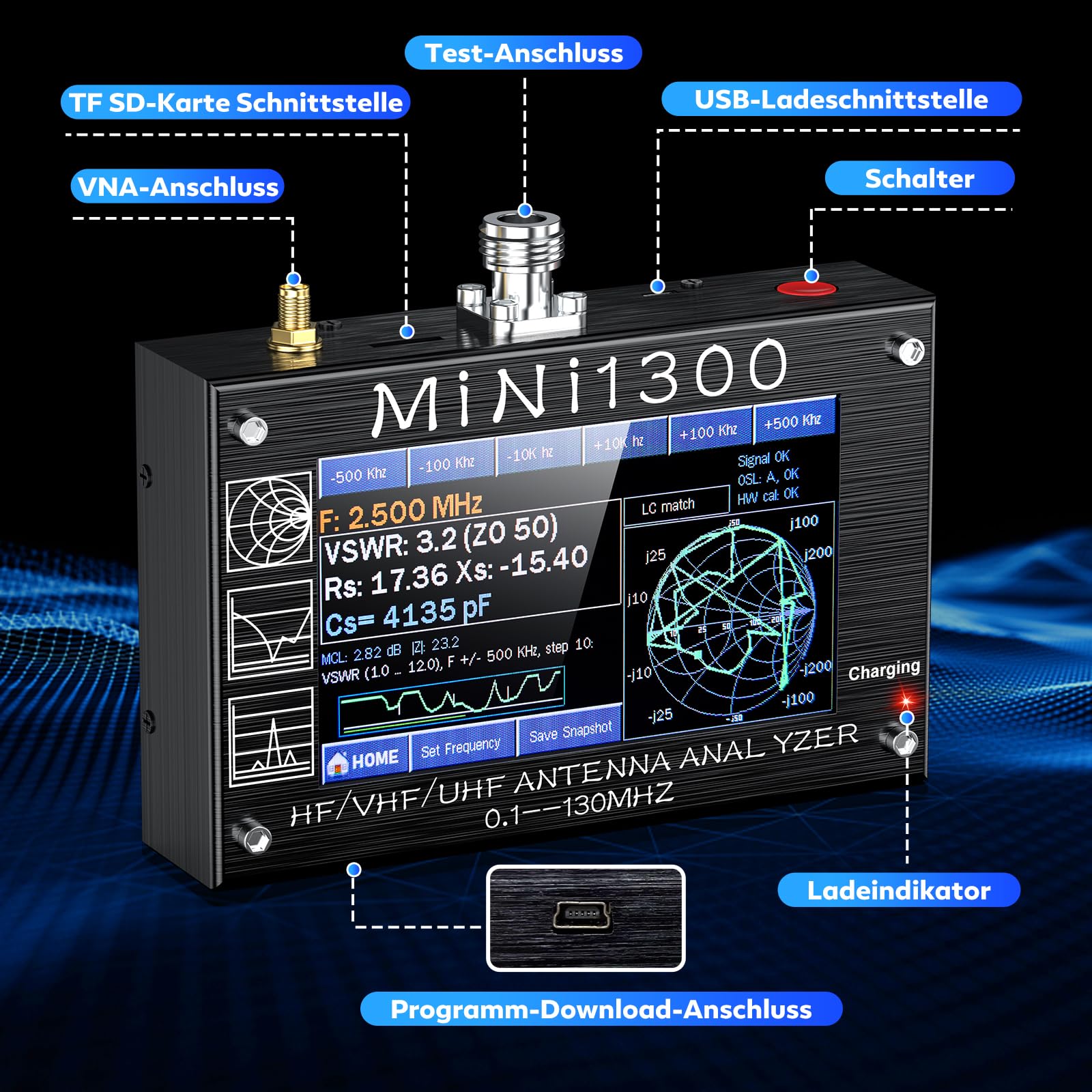 Seesii Mini 1300 Antennen Analysator, 2024 Aufgerüsteter 4,3 Zoll Signalgenerator 0,1-1300MHz HF VHF UHF ANT/SWR/TDR/DSP RF mit SMA Kalibrierkits