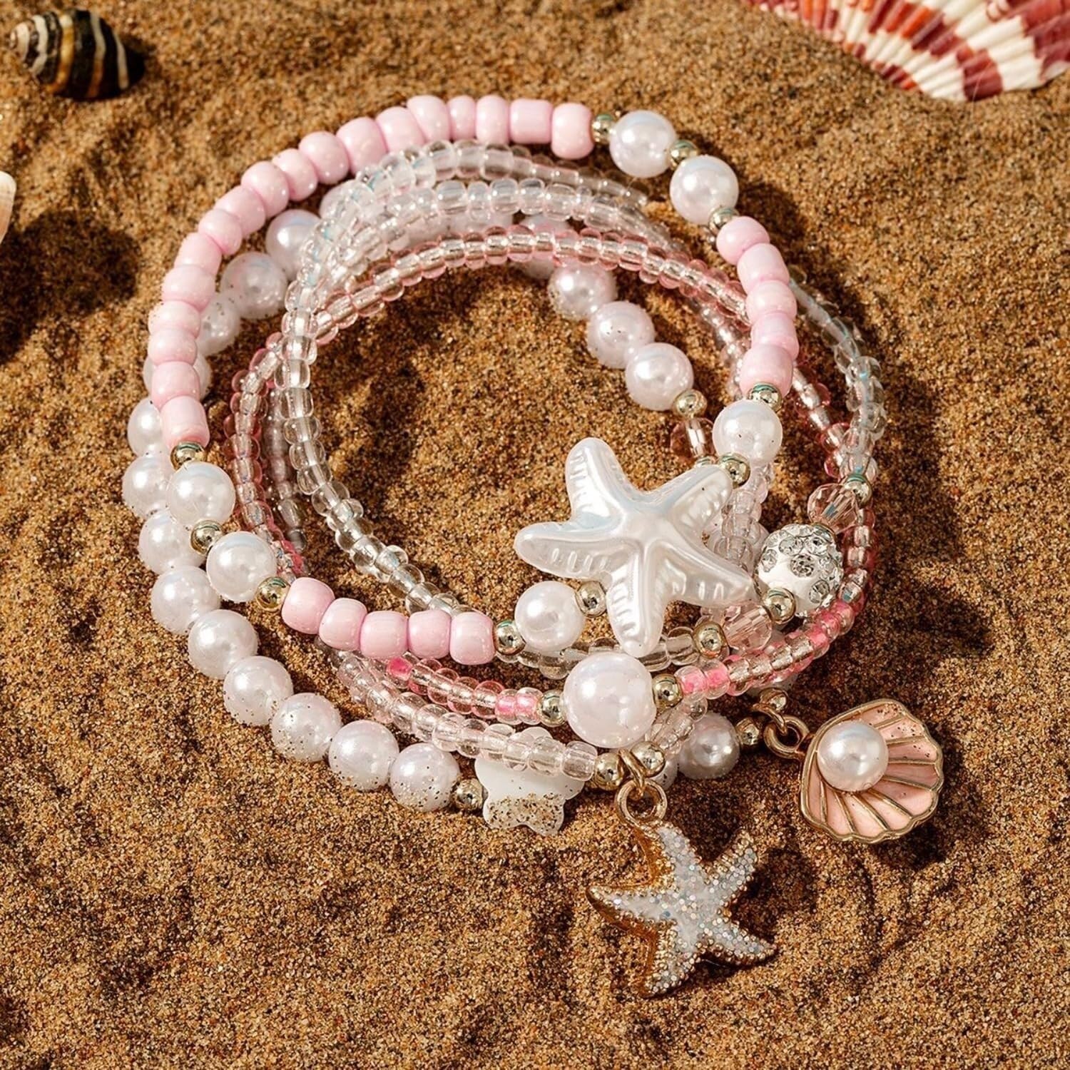 YDYDTTKD 5 Pulseras de Perlas elásticas apilables con Perla Rosa y Blanca, Concha de Estrella de mar, joyería temática de Playa de Verano para Mujer