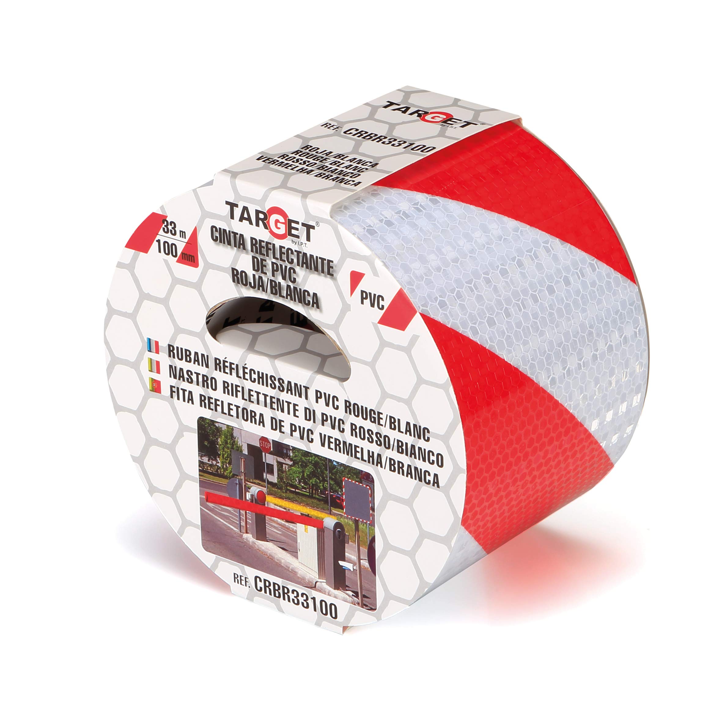 TARGET CRBR33100 - Cinta Reflectante - Adhesiva - 33 m x 100 mm - Advertencia - Señalización - Marcaje - Extra Ancha - Peligro - Seguridad - Roja y Blanca
