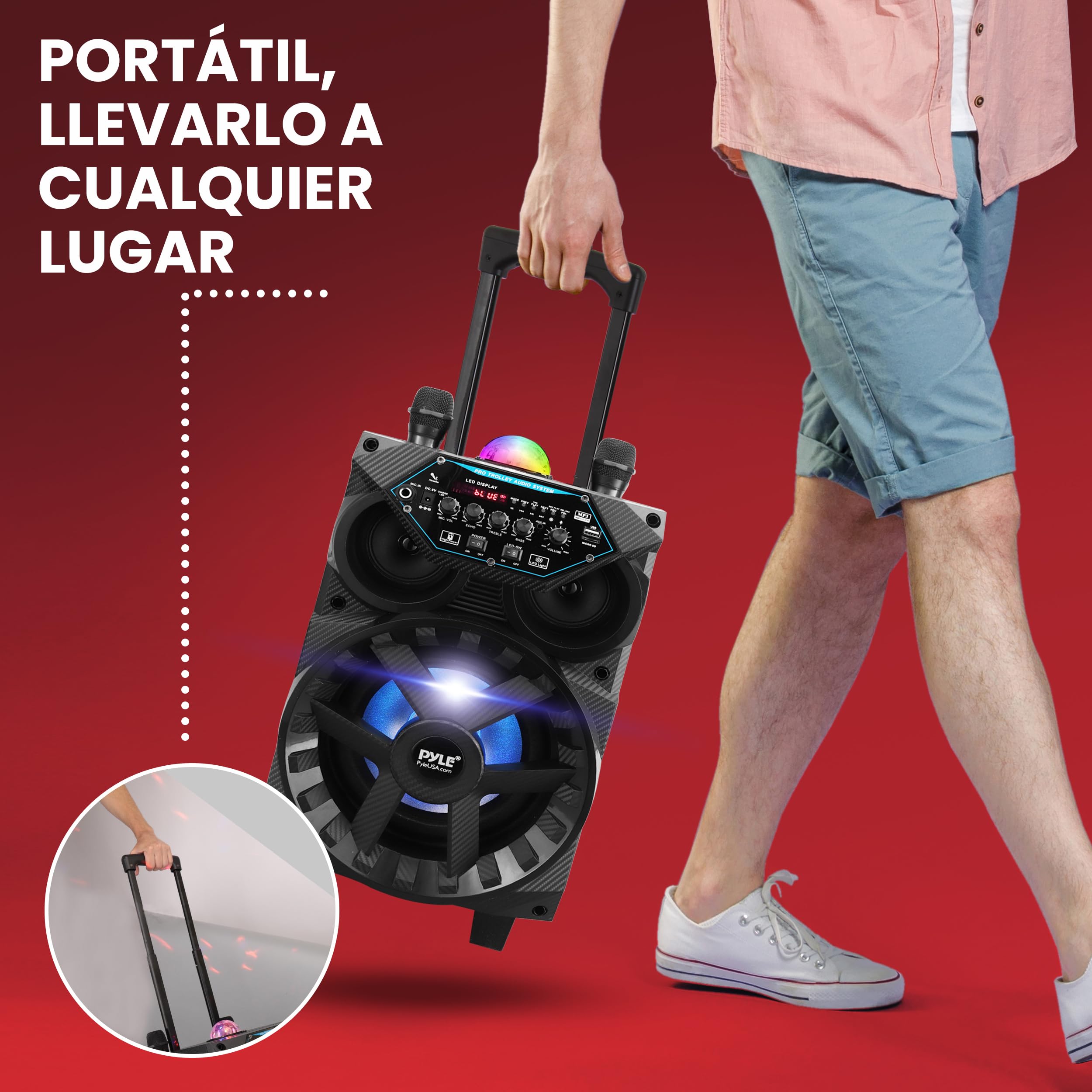 Pyle Altavoz Bluetooth, Potente, 580W, Inalambrico, Luces, Karaoke, Portatil, Microfono, USB, AUX, MP3, SD, FM, Trolley con Ruedas