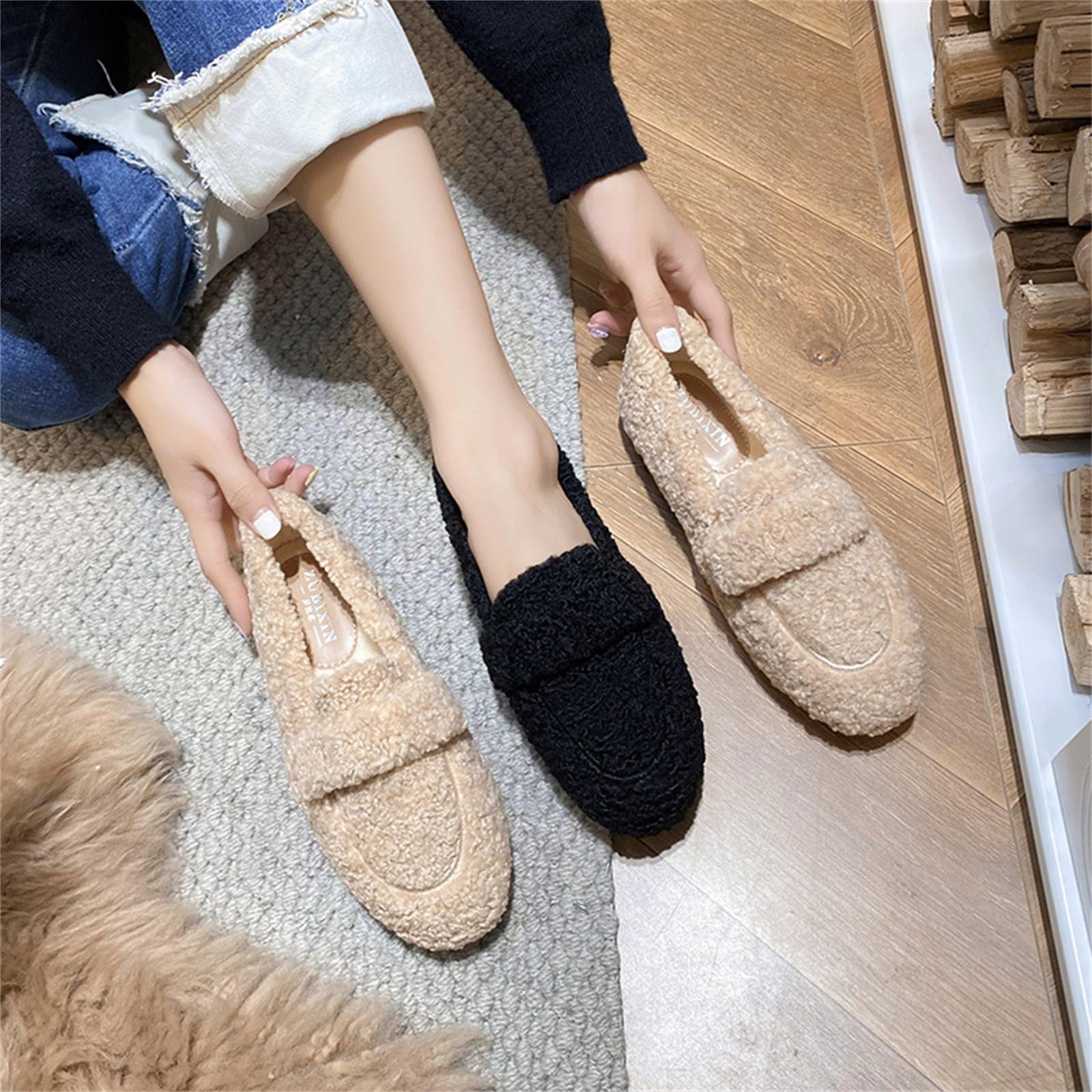 MEIION WOLFF Plüsch Pantoffel Schuhe Damen Winter Hausschuhe, Warm Weich, Memory Schaum, Rutschfest Bequem