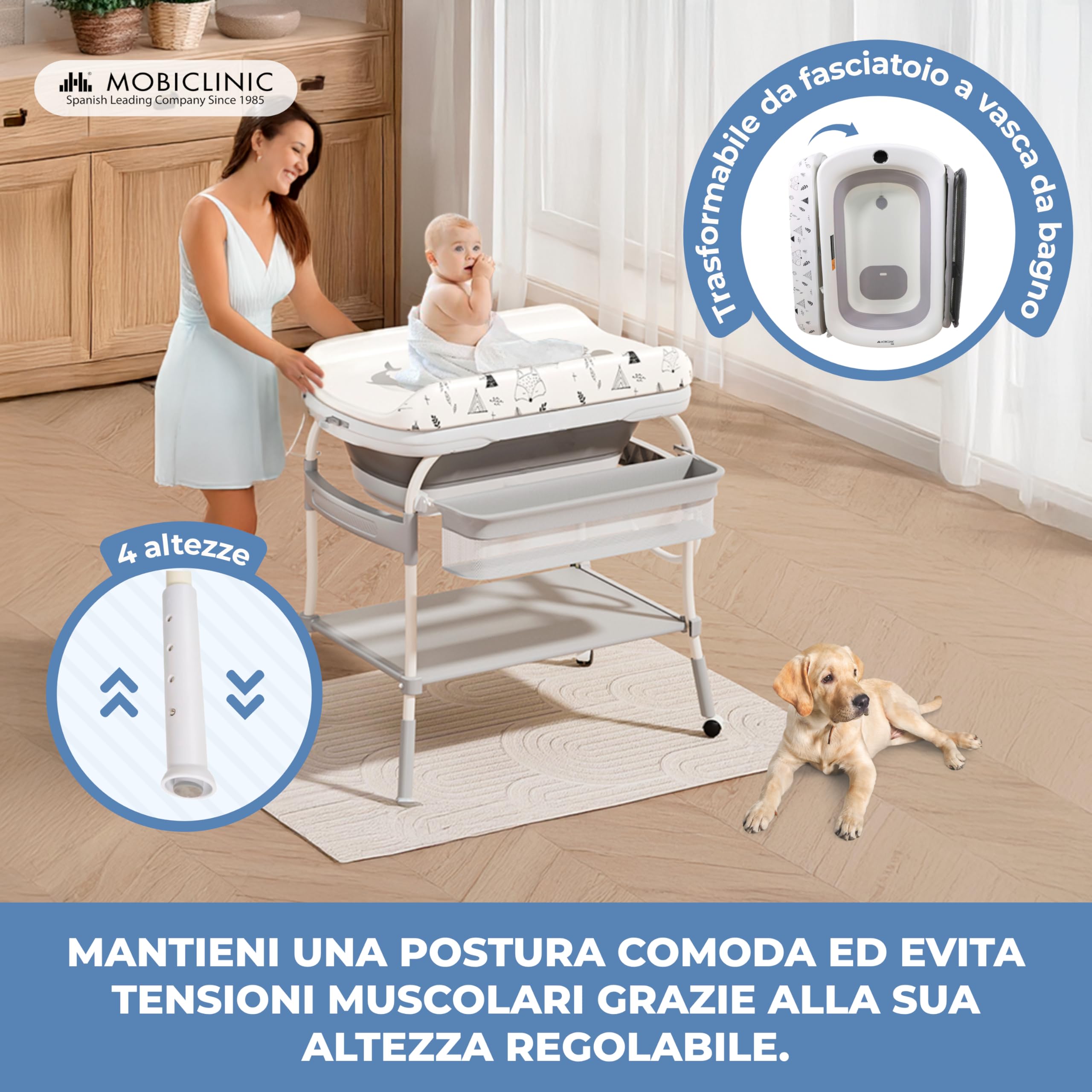 Mobiclinic Fasciatoio con vaschetta bagnetto 2 in 1, Regolabile 4 altezze, Fino a 50 kg, 0-36 mesi