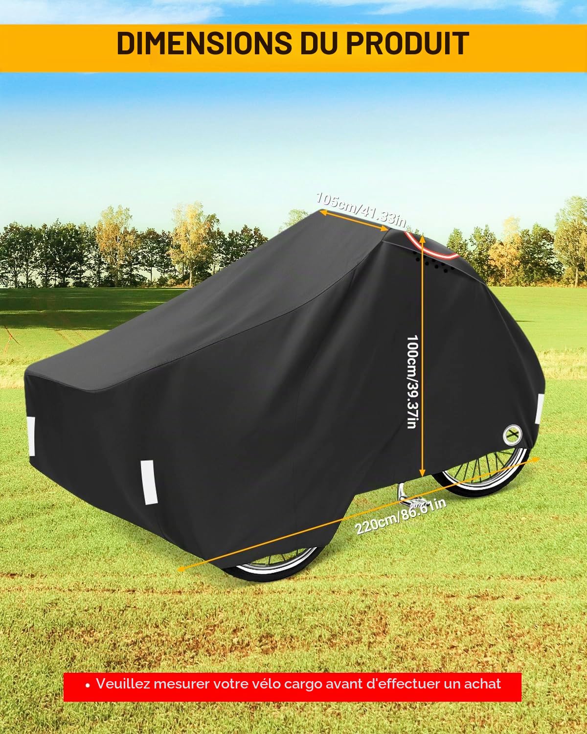 Housse de Protection Vélo Cargo Bache Velo Impermeable Exterieur Housse pour Vélo Cargo avec Bandes Réfléchissantes pour Triporteur 420D Oxford Protection UV 220x105x100cm