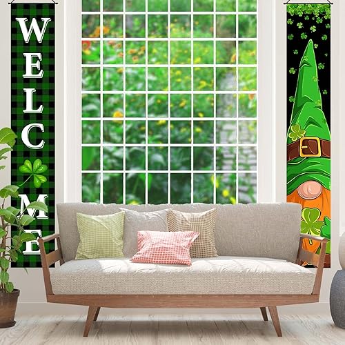 Miniatura 4 de FARMNALL Cartel de porche del día de San Patricio letrero de gnomo verde a cuadros para puerta delantera trébol de la suerte cuatro hojas decoración