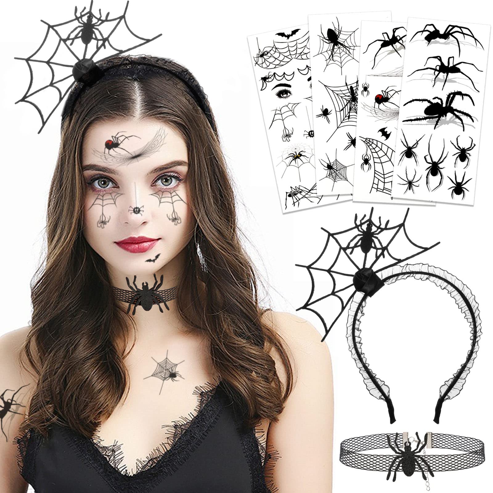 HOWAF Halloween Headband Spider Headband, Necklace Choker, Spider Tattoos, for Hair Accessories, Halloween Costume Women Men, A