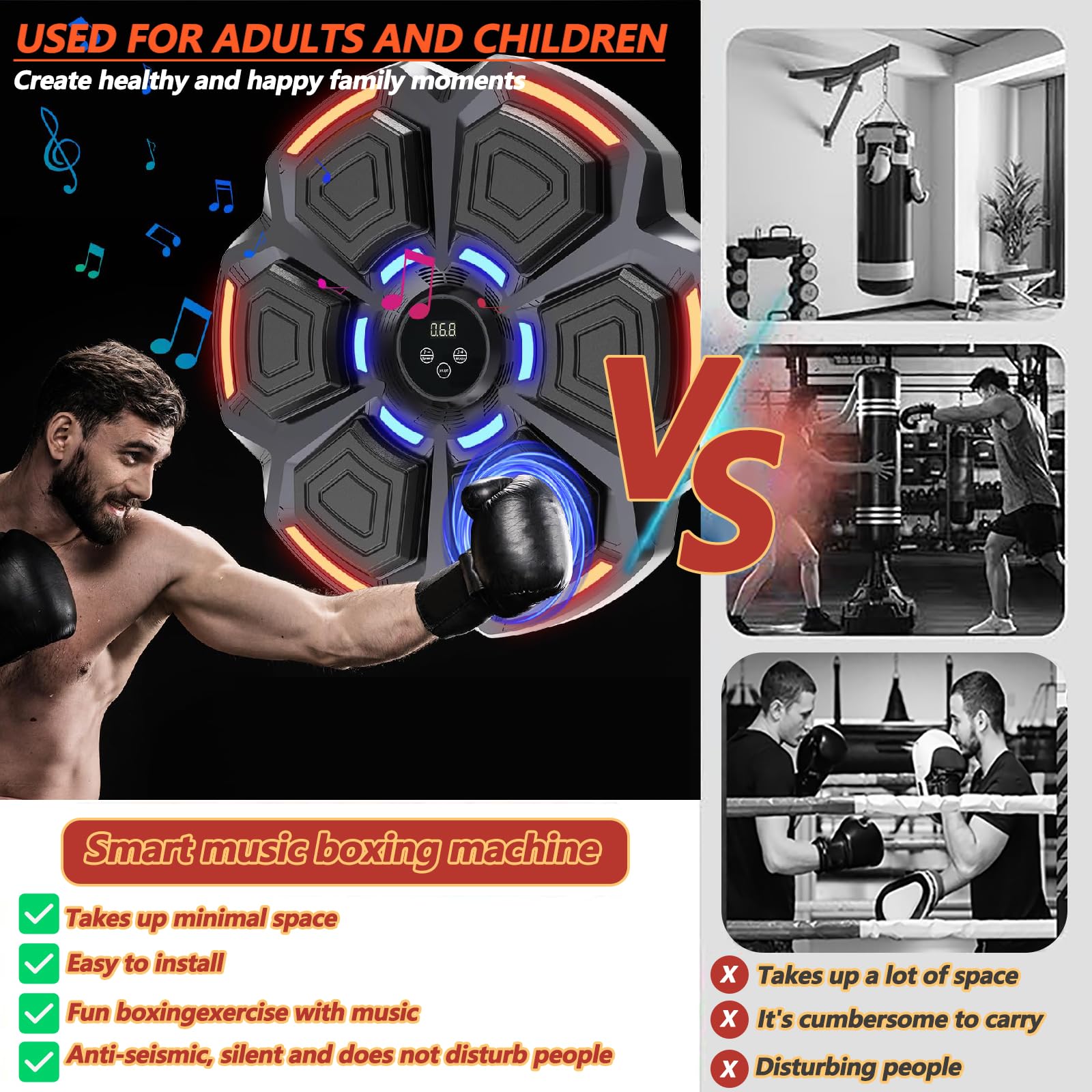VHV Machine de Boxe Musicale, Machine de Boxe Musicale Adulte, 9 Modes de Vitesse Cible Boxe Mural Musique - Comptage Intelligent et Bluetooth Musicboxing pour Enfants Entraînement à la Maison