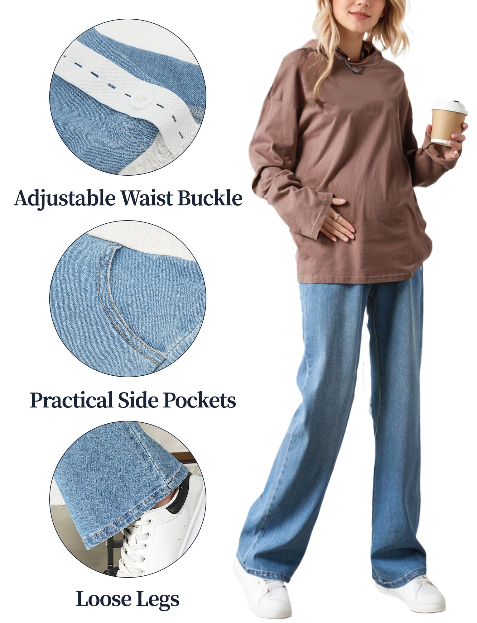 FEOYA Umstandsjeans mit Bauchband Damen Schwanger Jeanshosen Wide Leg Schwangerschaftsjeans Stretch