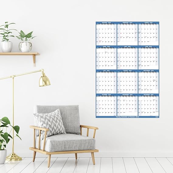2026 Yearly Wall Calendar - Large Yearly Calendar 2026, Jan 2026 - Dec 2026, 25.2 x 38.2 (Open), 2026 Calendar, Large Wall Calendar 2026, Full Year Paper with Notes, Thicker Paper - Light blue