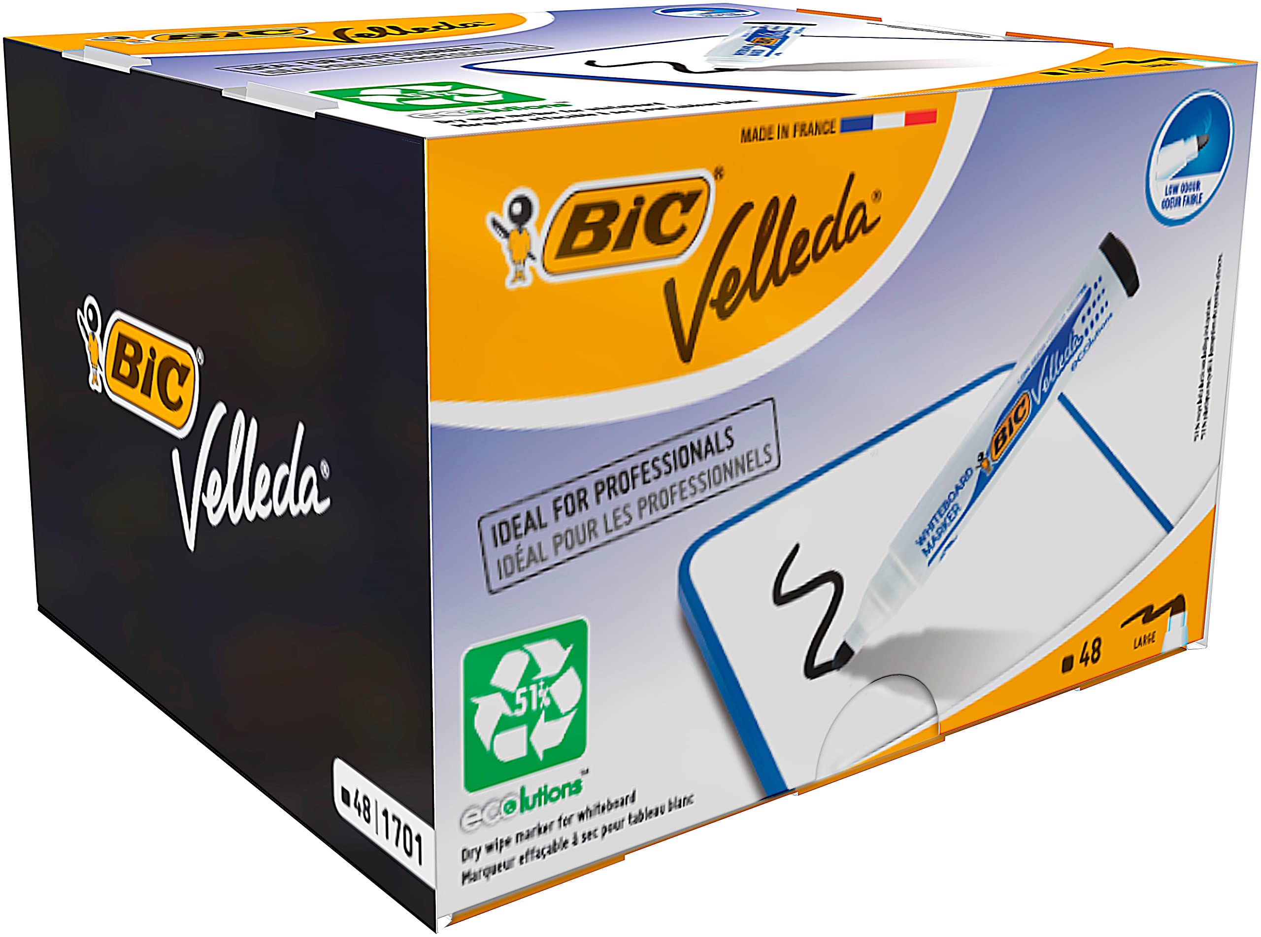 BIC Velleda 1701 ECOlutions Feutres pour tableau blanc - Pointe ogive moyenne - Noir/Rouge/Vert/Bleu, Pack école de 48