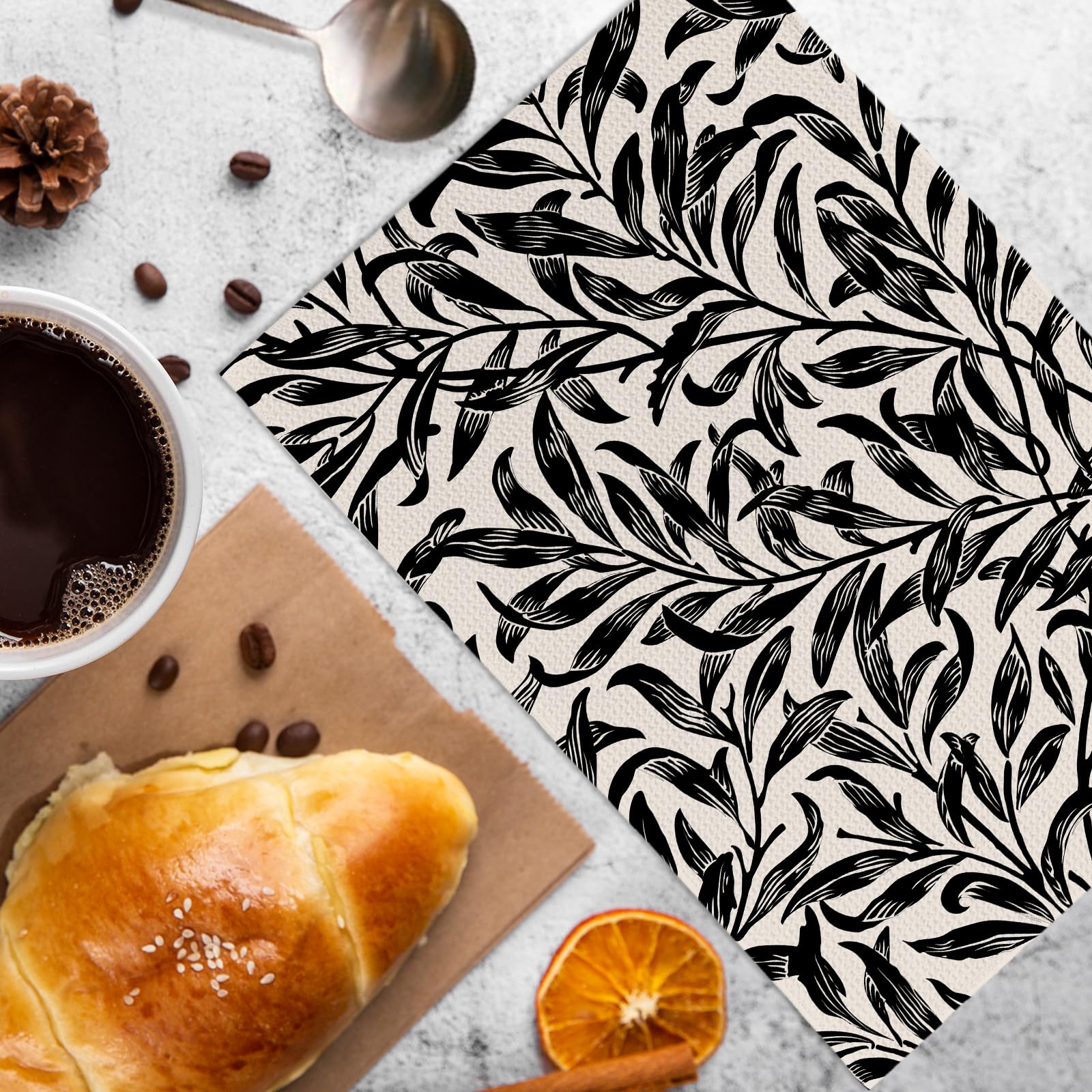 Juego de 2 paños de cocina y paños de cocina con hojas negras y beige, modernos, botánicos negros, hojas de mediados de siglo, paños de cocina decorativos para baño, cocina, 16 x 24 pulgadas