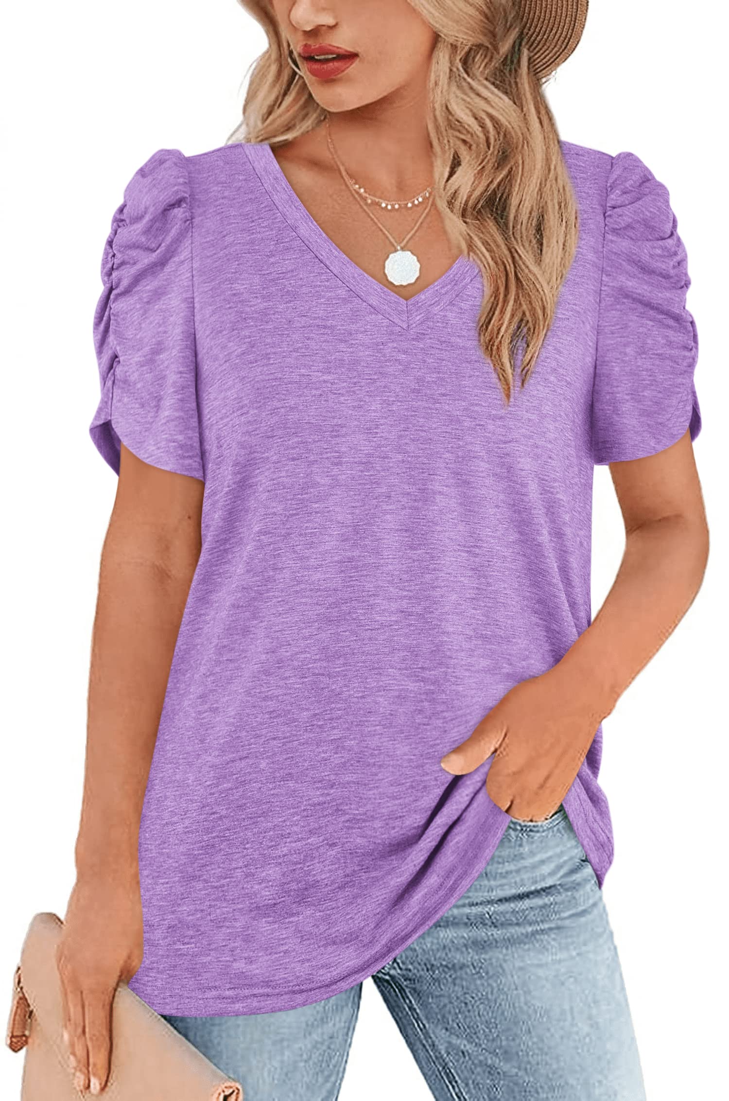 BZBWomens V-Neck T-Shirts Puff Short Sleeve Tops Loose Summer Shirt for Women