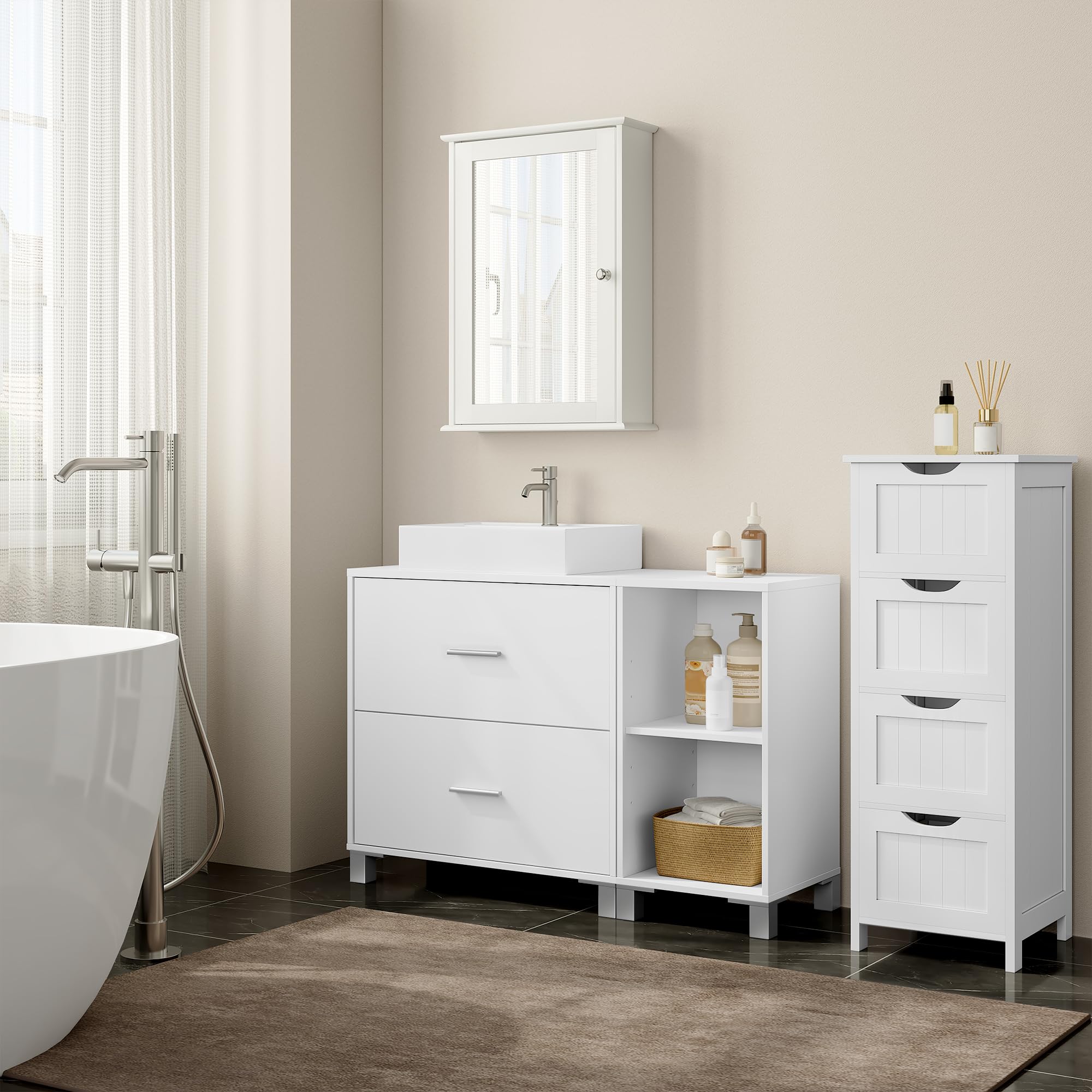 eSituro Armario de Baño de Pie, Mueble Bajo Lavabo con Cajones, Mueble Auxiliar de Baño, Estante Ajustable, Recorte Sifón 14,5 * 20 cm, Blanco